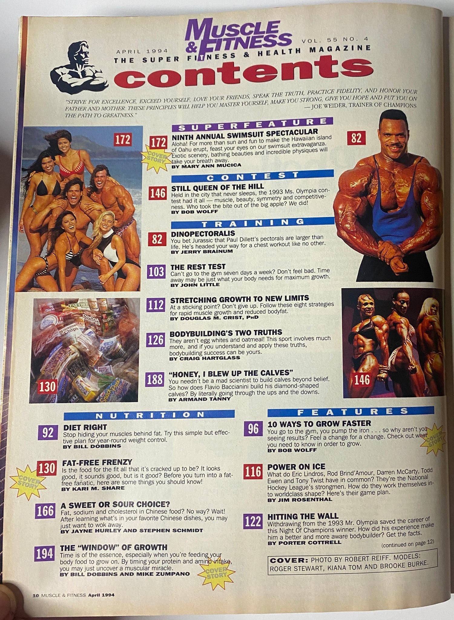 Contents page of Muscle & Fitness Magazine April 1994, featuring headlines such as 'Ninth Annual Swimsuit Spectacular' and 'Dinopectoralis,' detailing various fitness and bodybuilding articles.