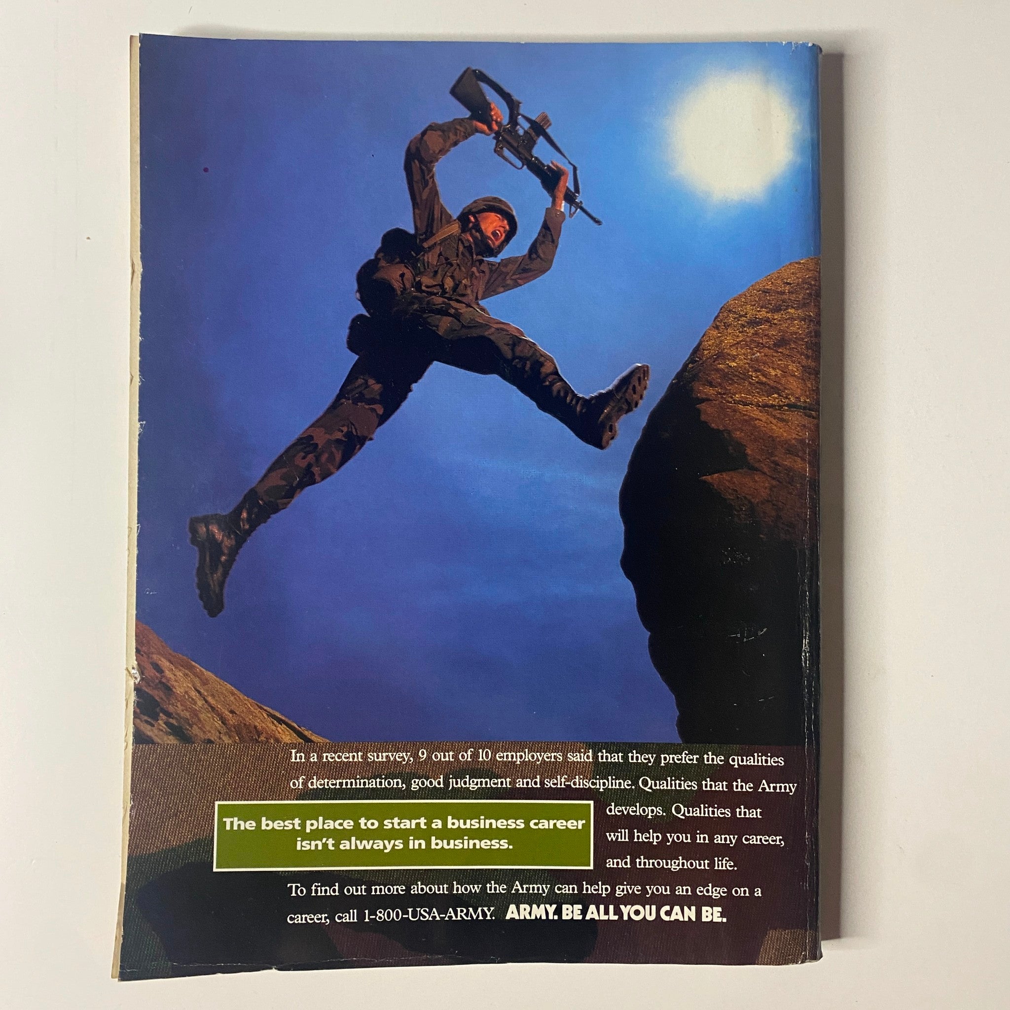 Back cover of the Muscle & Fitness Magazine April 1994, featuring a soldier jumping with a rifle, promoting the Army's career opportunities with the slogan 'Be All You Can Be.'