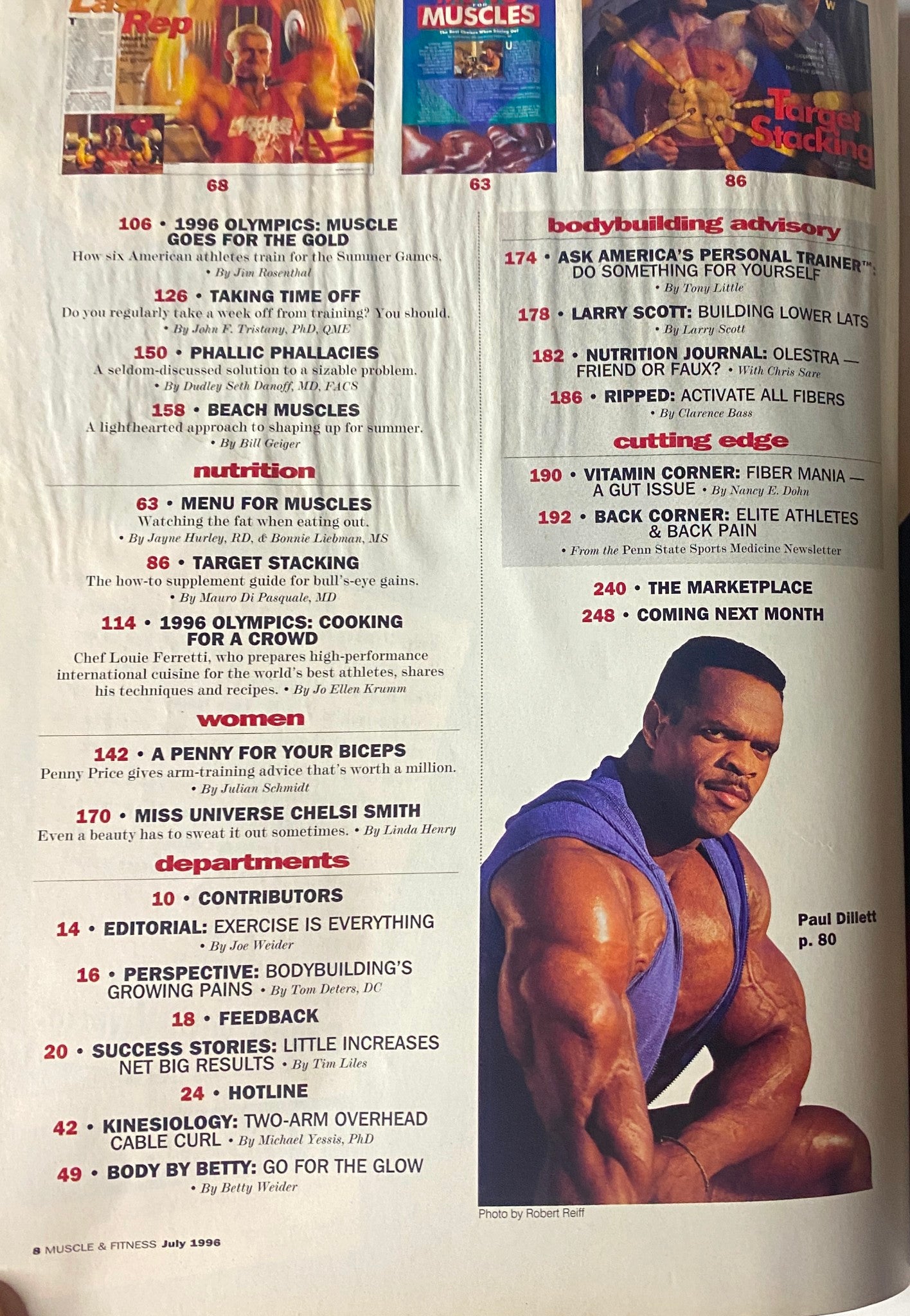 Detailed index from Muscle & Fitness Magazine July 1996 highlighting various articles on topics such as bodybuilding advisory, nutrition, and women’s fitness.