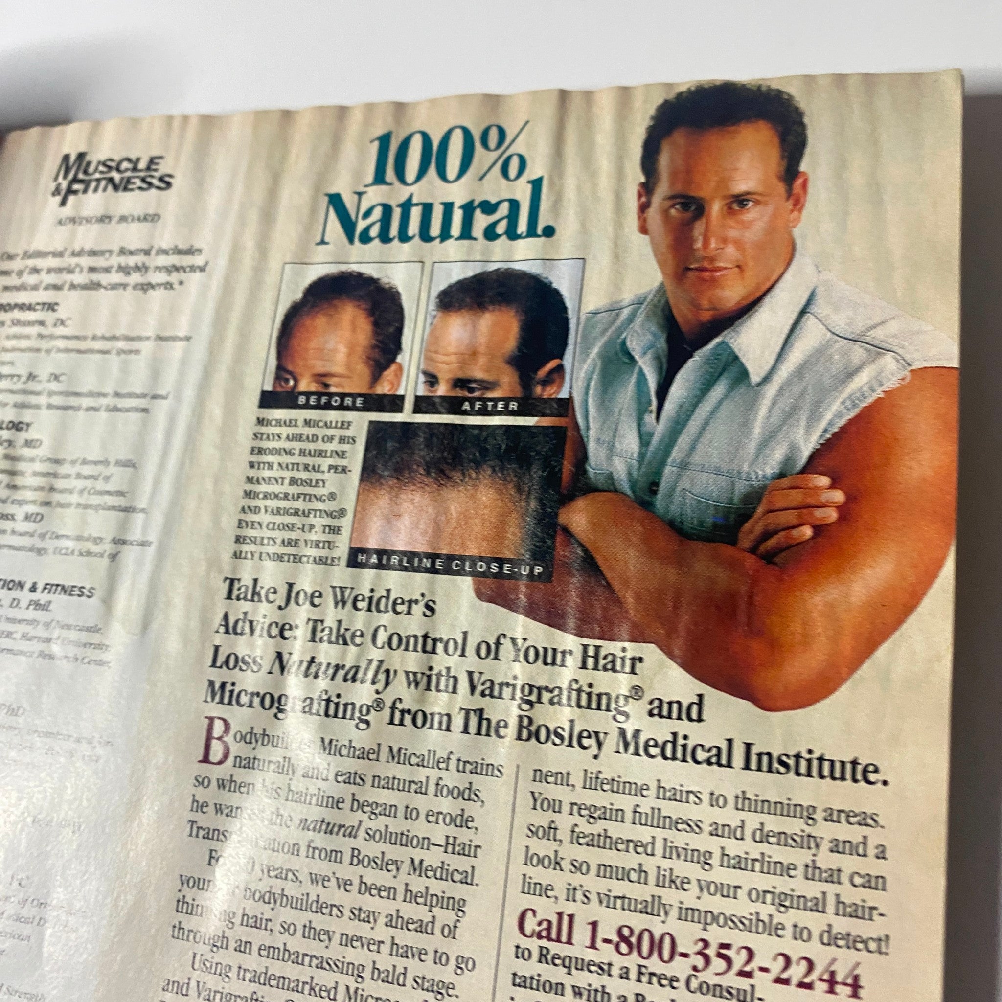 Advertisement in Muscle & Fitness Magazine July 1996 promoting a natural hair solution with a before and after image, featuring a male model demonstrating the product effectiveness.