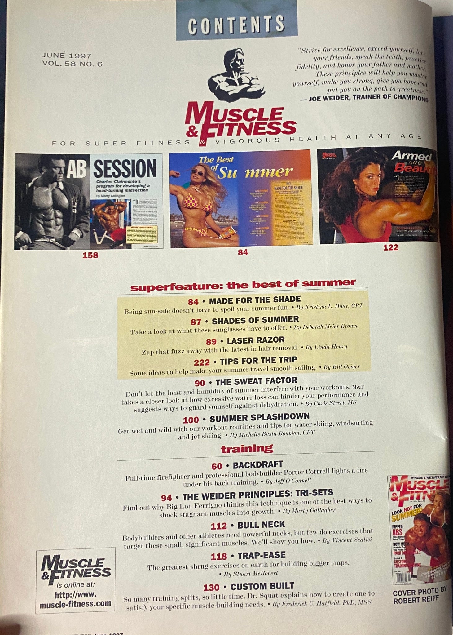 Contents page of Muscle & Fitness Magazine June 1997 detailing articles including 'AB Session,' 'Superfeature: The Best of Summer,' and 'Supplemental Sex'.