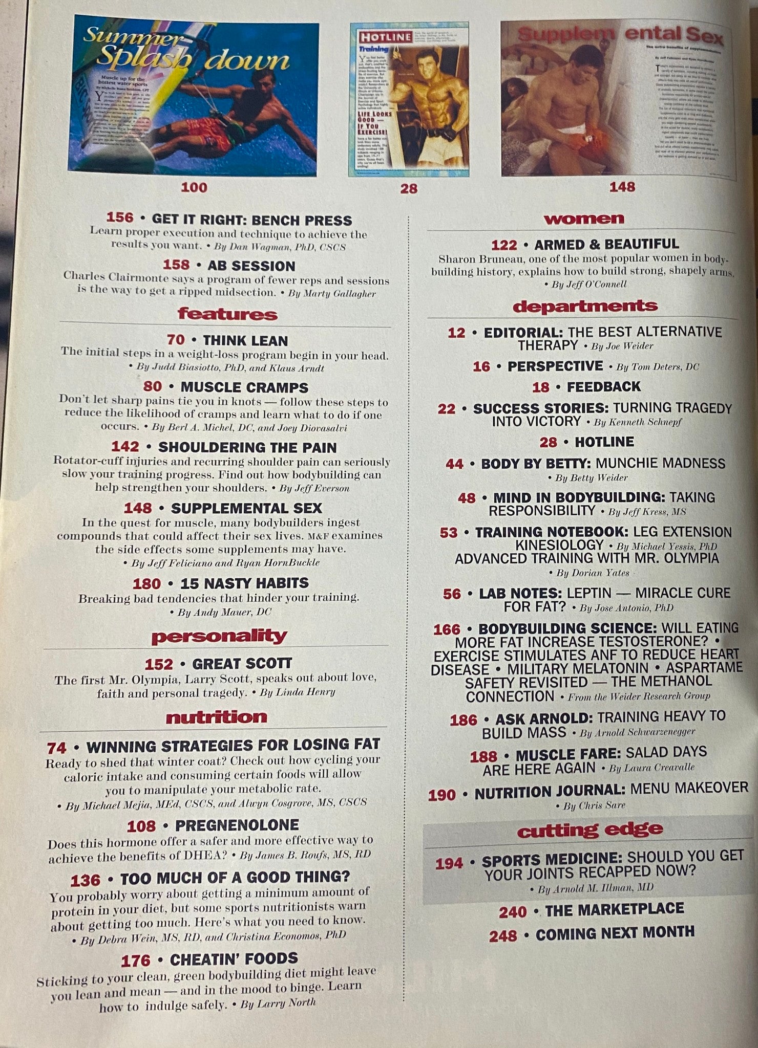 Second contents page of Muscle & Fitness Magazine June 1997 listing features such as 'Summer Splashdown,' 'Think Lean,' and 'Shouldering the Pain'.