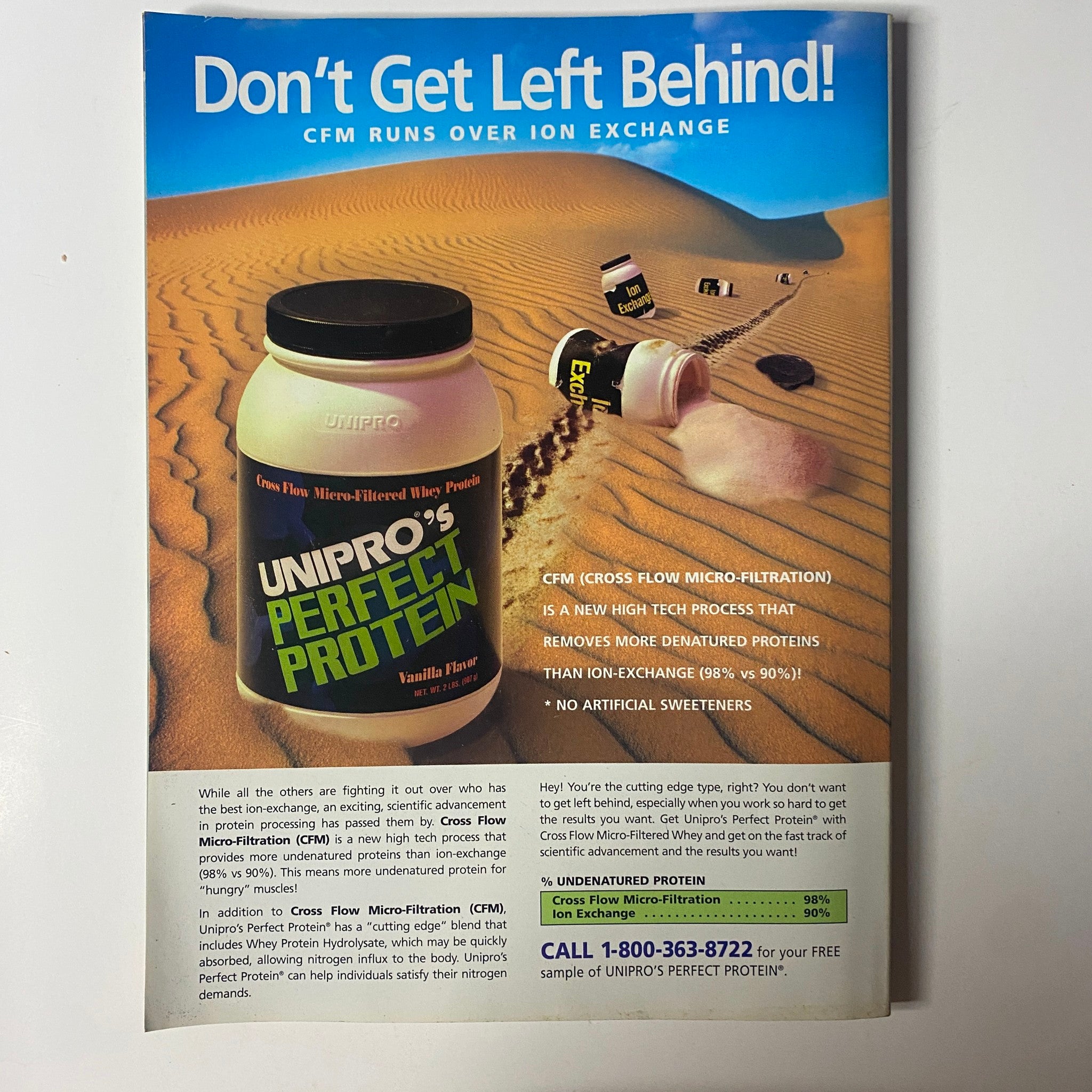 Advert for Unipro's Perfect Protein from Muscle & Fitness Magazine June 1997 featuring information on micro-filtration and ion exchange. Highlights benefits of protein supplement for fitness enthusiasts.