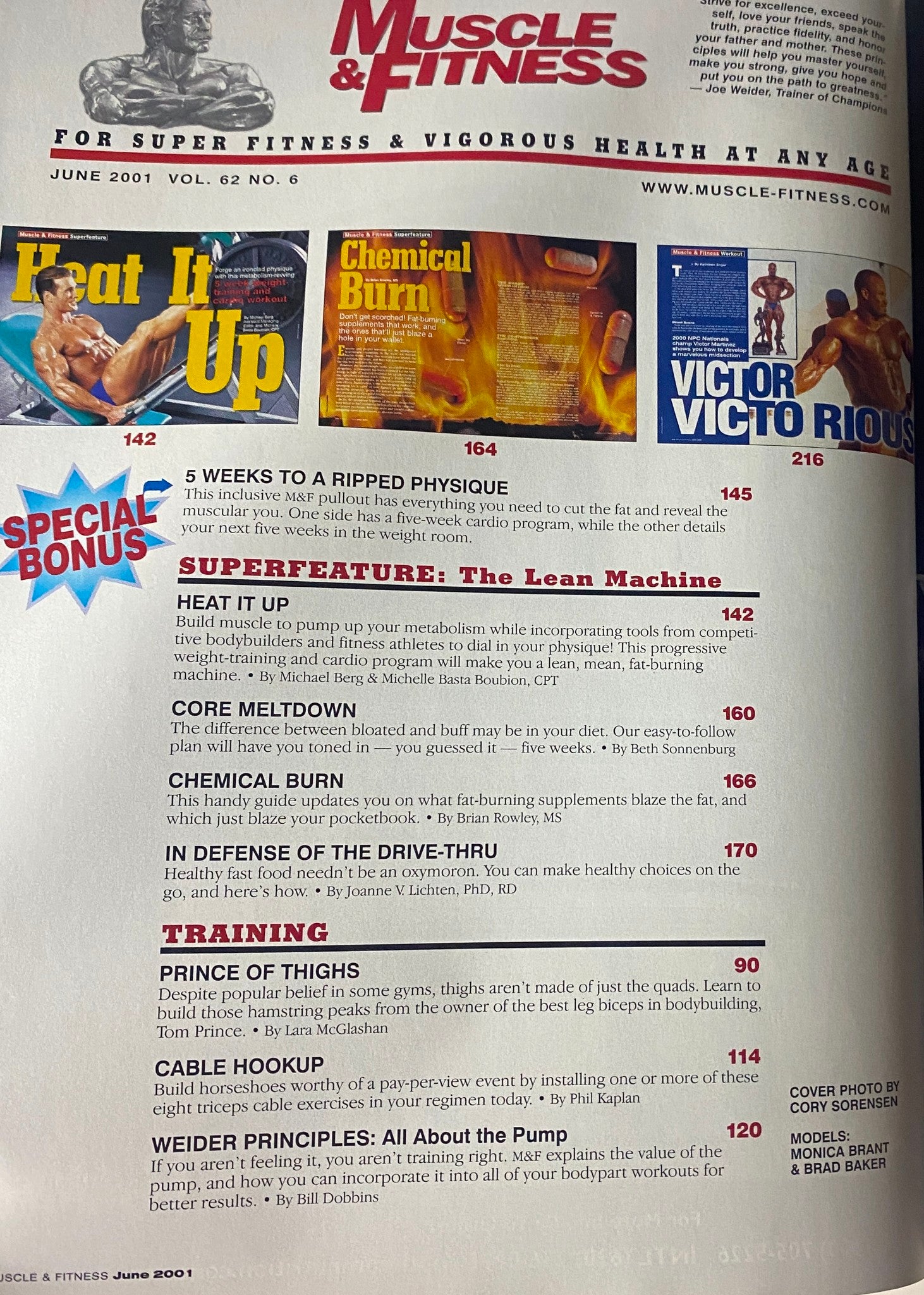 Inside page of Muscle & Fitness Magazine June 2001 highlighting the 'Lean Machine' superfeature with training tips and workout programs.