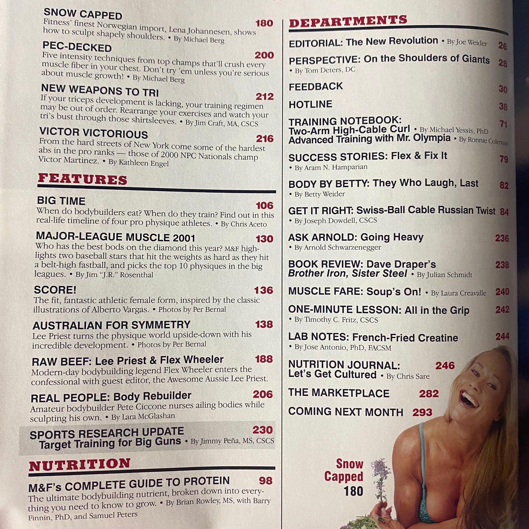 Contents page of Muscle & Fitness Magazine June 2001 outlining various articles including 'Snow Capped' and 'Department' features.
