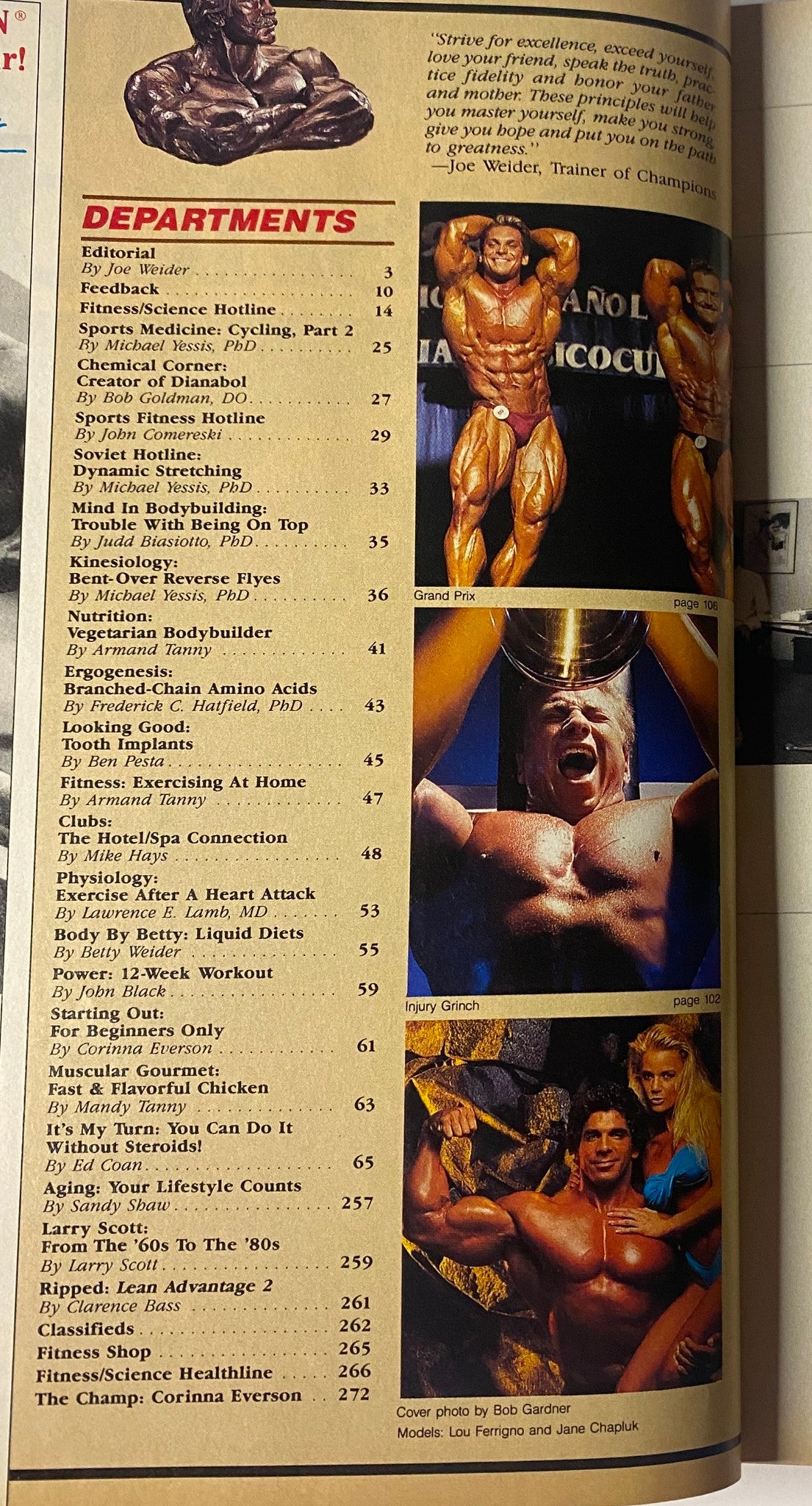 Contents page of Muscle & Fitness Magazine April 1989, showcasing various fitness topics including articles on bodybuilding, nutrition, and exercise advice from industry experts.