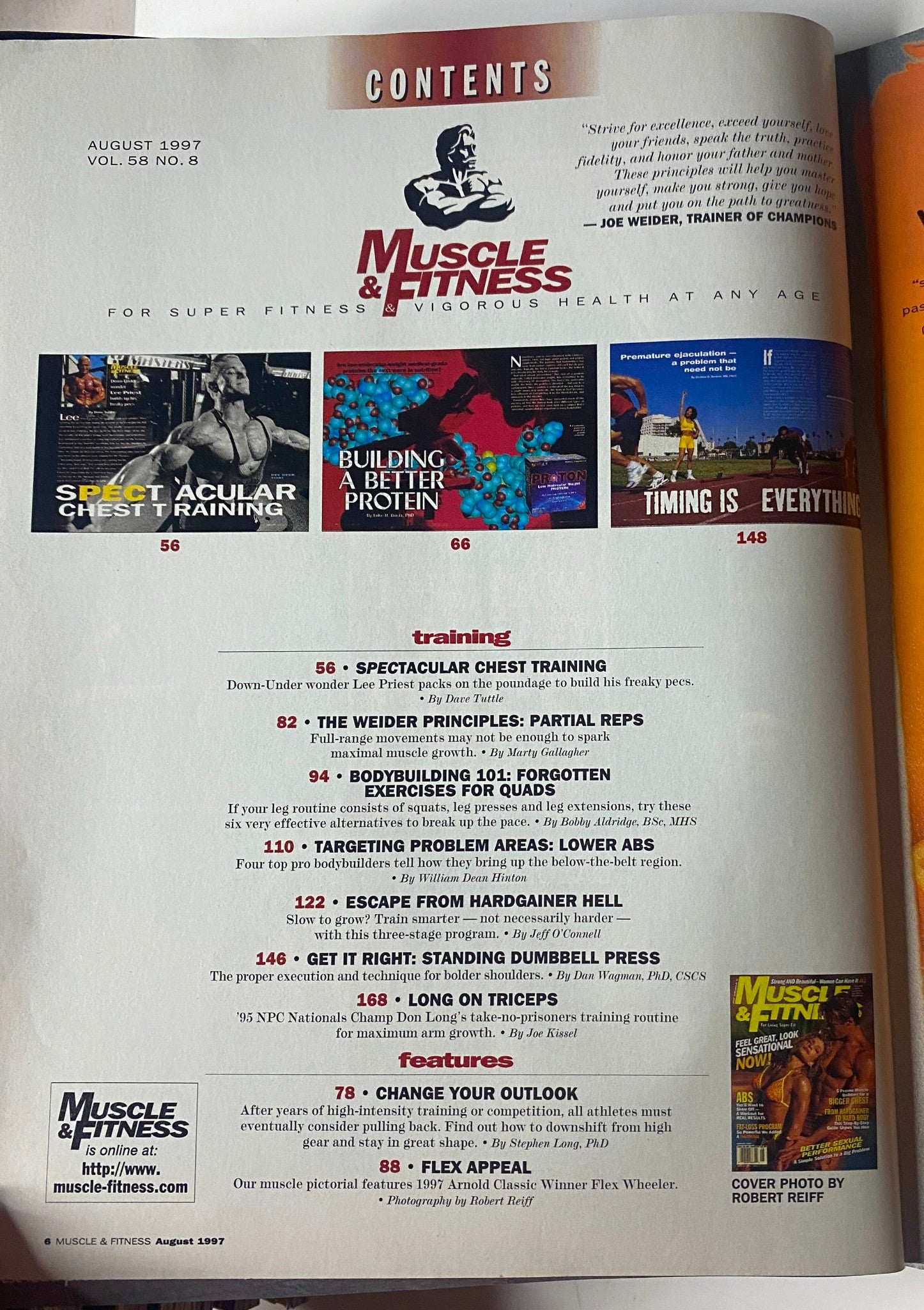 Contents page of Muscle & Fitness Magazine, August 1997, listing features like Spectacular Chest Training and The Weider Principles.