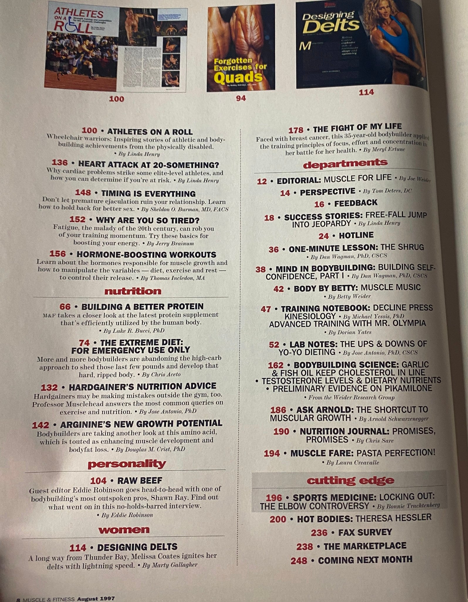 Nutrition section of Muscle & Fitness Magazine, August 1997, detailing various articles including Building a Better Protein and Hardgainer's Nutrition Advice.