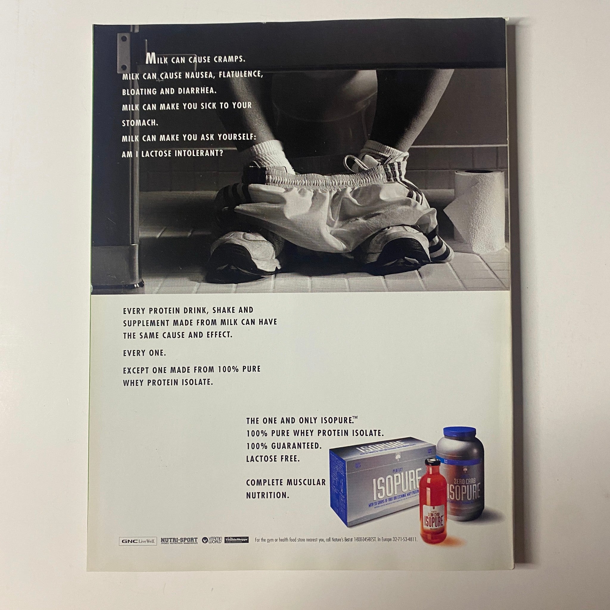 Advertisement from Muscle & Fitness Magazine August 2001 promoting Isopure protein isolate, emphasizing complete muscular nutrition.