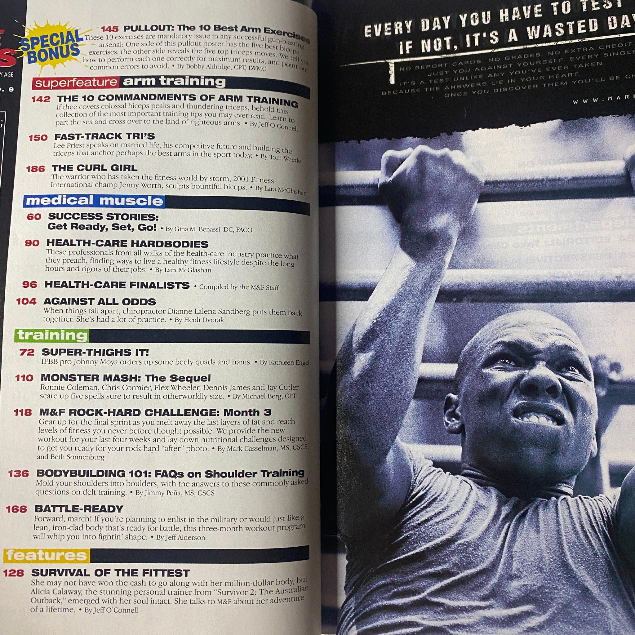 Inside page of Muscle & Fitness Magazine September 2001 showcasing content on arm training, medical fitness stories, and bodybuilding tips.