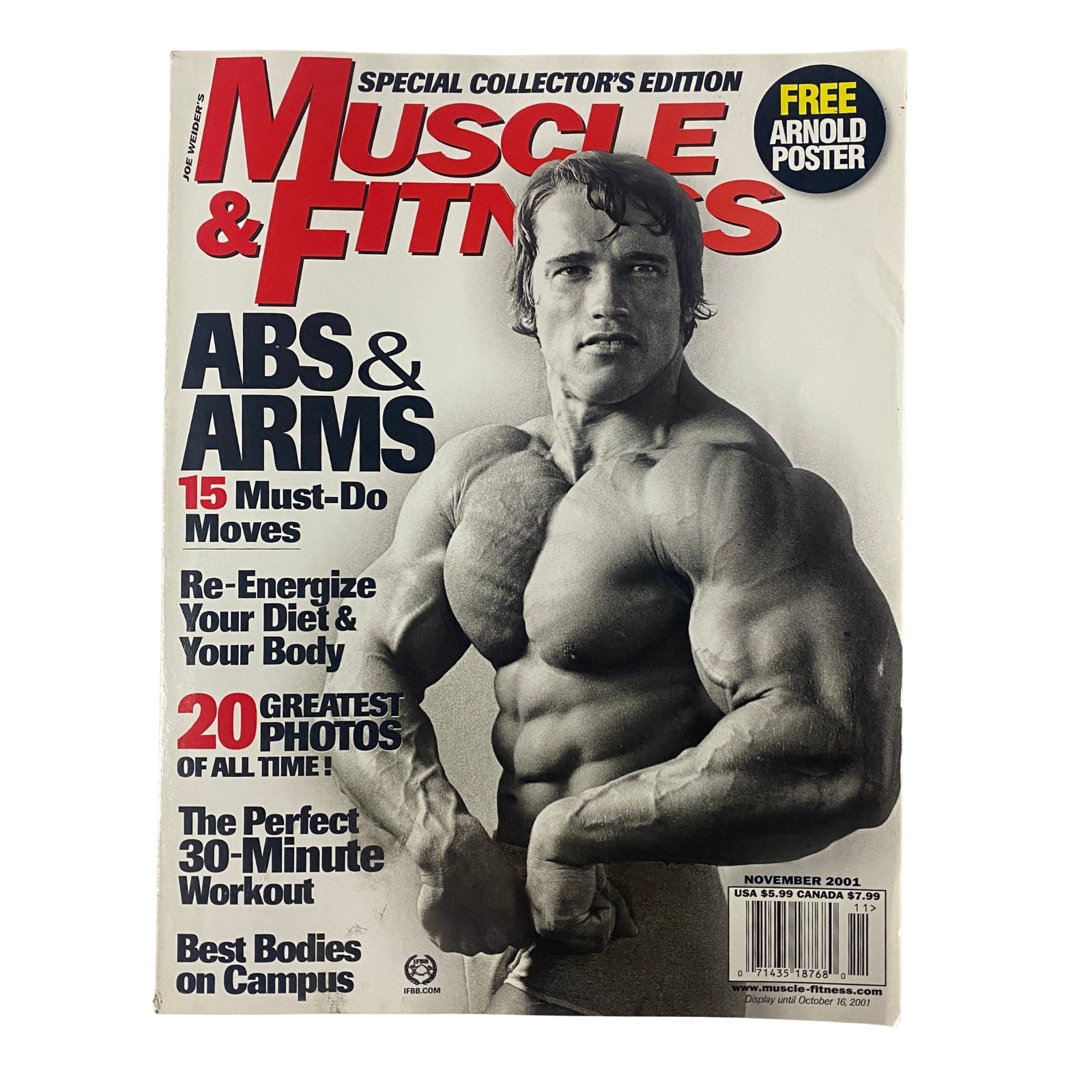 Muscle & Fitness Magazine November 2001 cover featuring Arnold Schwarzenegger showcasing fitness tips, workout guides, and a free poster offer.