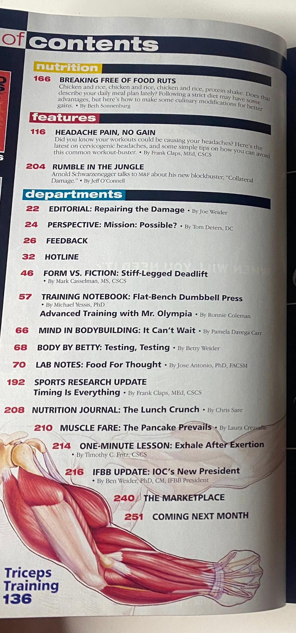 Table of contents from Muscle & Fitness Magazine November 2001 highlighting nutrition articles and fitness features including 'Breaking Free of Food Ruts' and 'Rumble in the Jungle'.