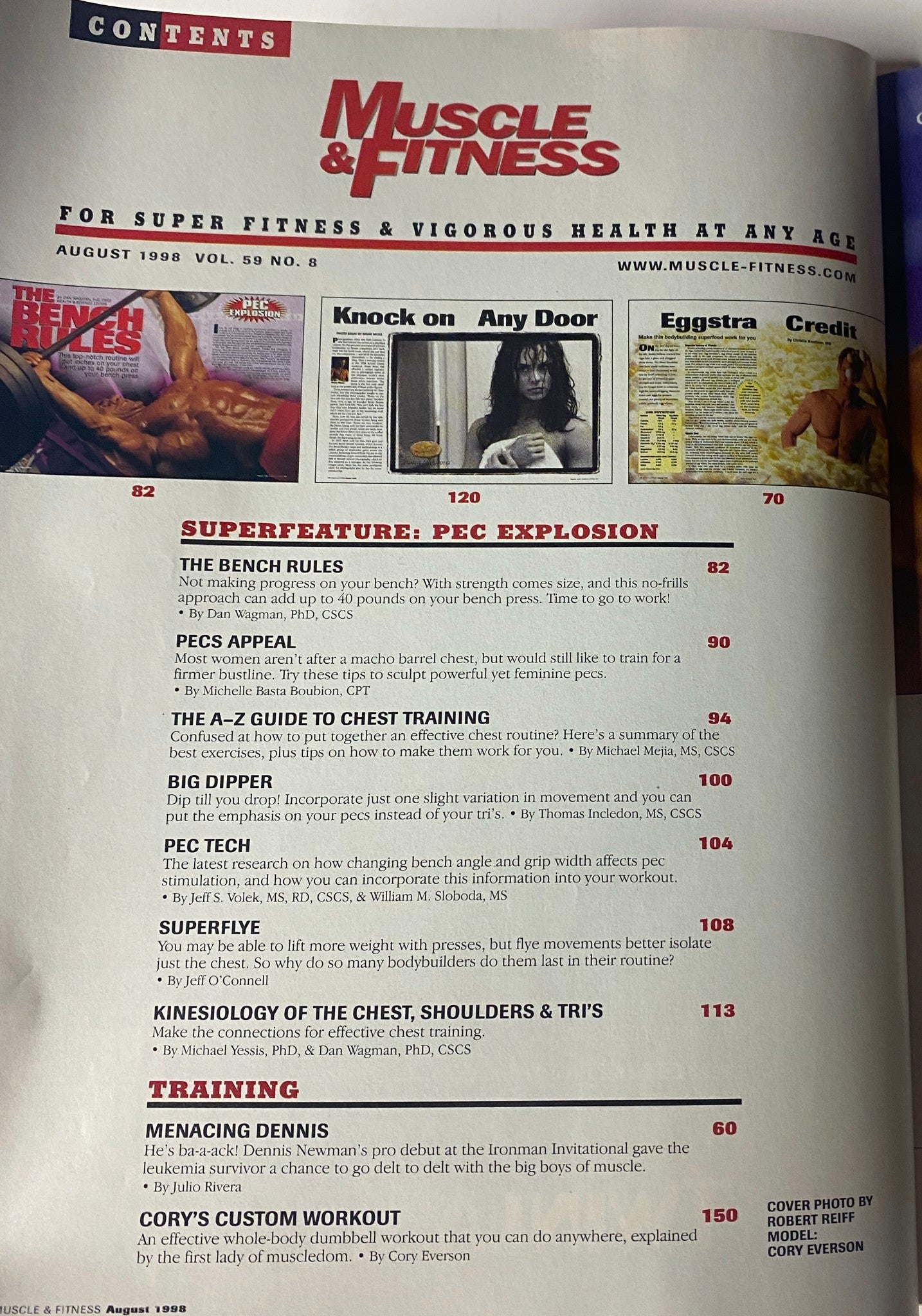 Contents page of Muscle & Fitness Magazine August 1998, Vol 59 No. 8 featuring articles on chest training and workouts with Cory Everson on the cover.