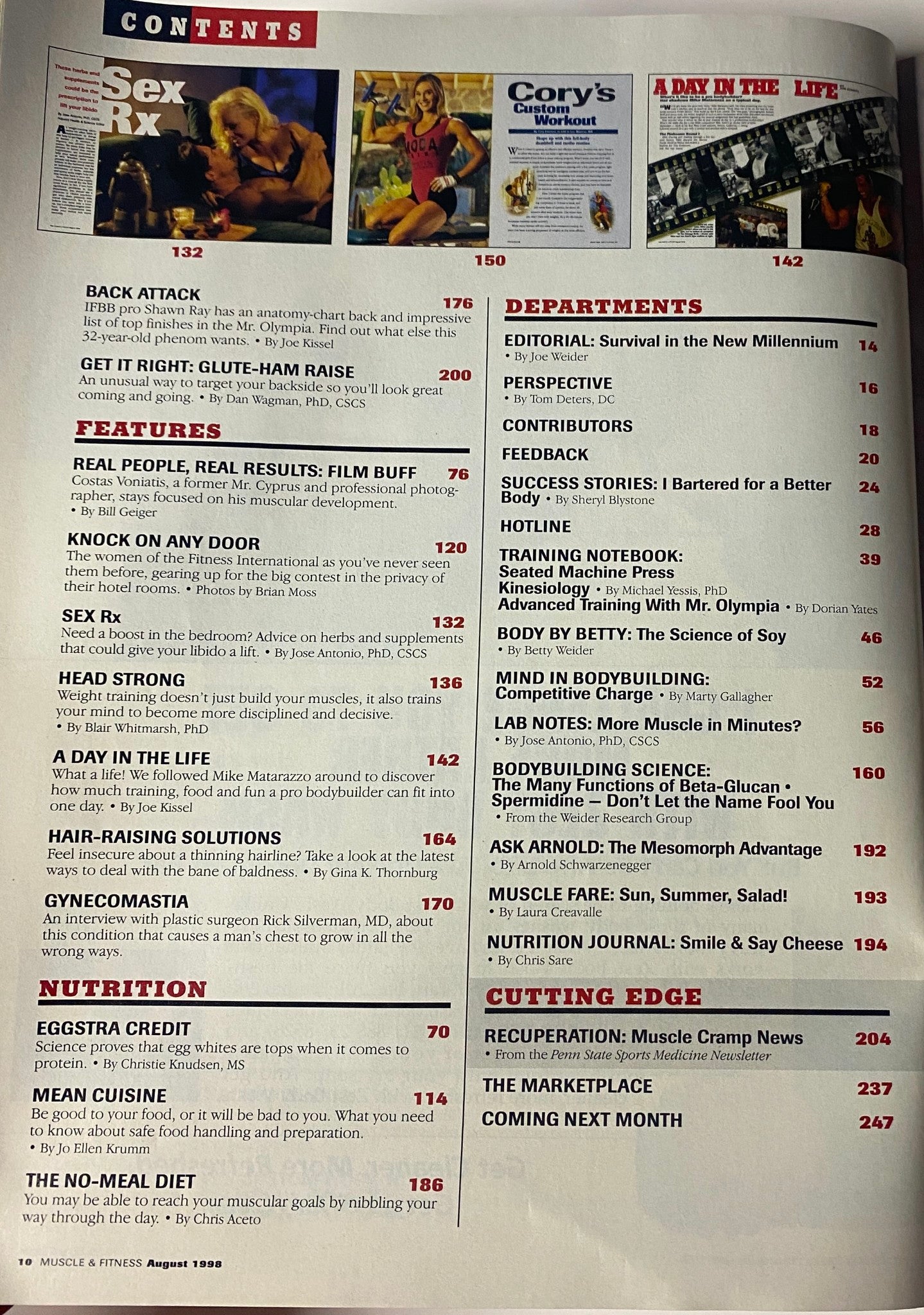 Second contents page of Muscle & Fitness Magazine August 1998, Vol 59 No. 8 highlighting diverse features including fitness training, nutrition tips, and a day in the life of pro bodybuilder.