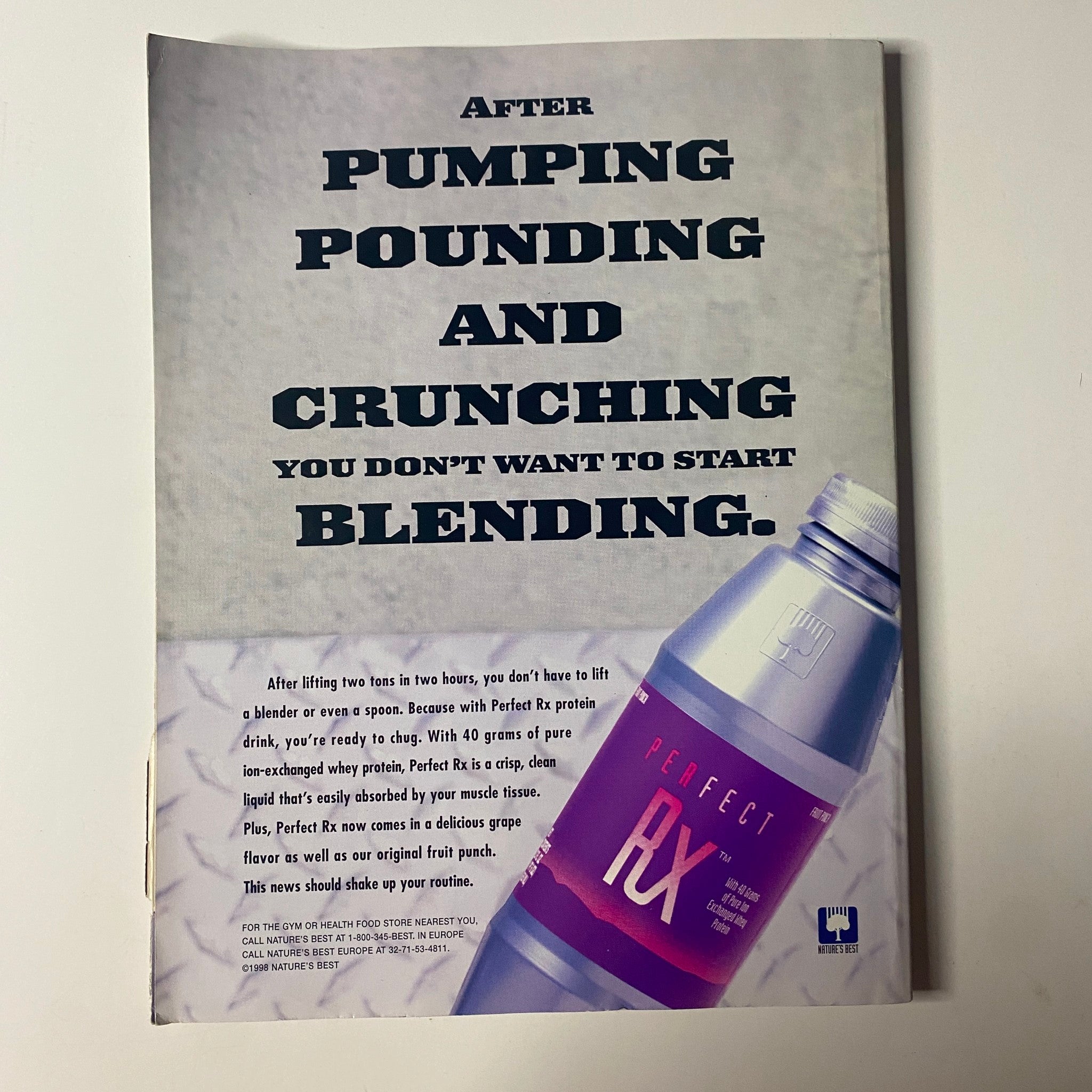 Advertisement from Muscle & Fitness Magazine August 1998, Vol 59 No. 8 for Perfect Rx protein drink promoting post-workout recovery.