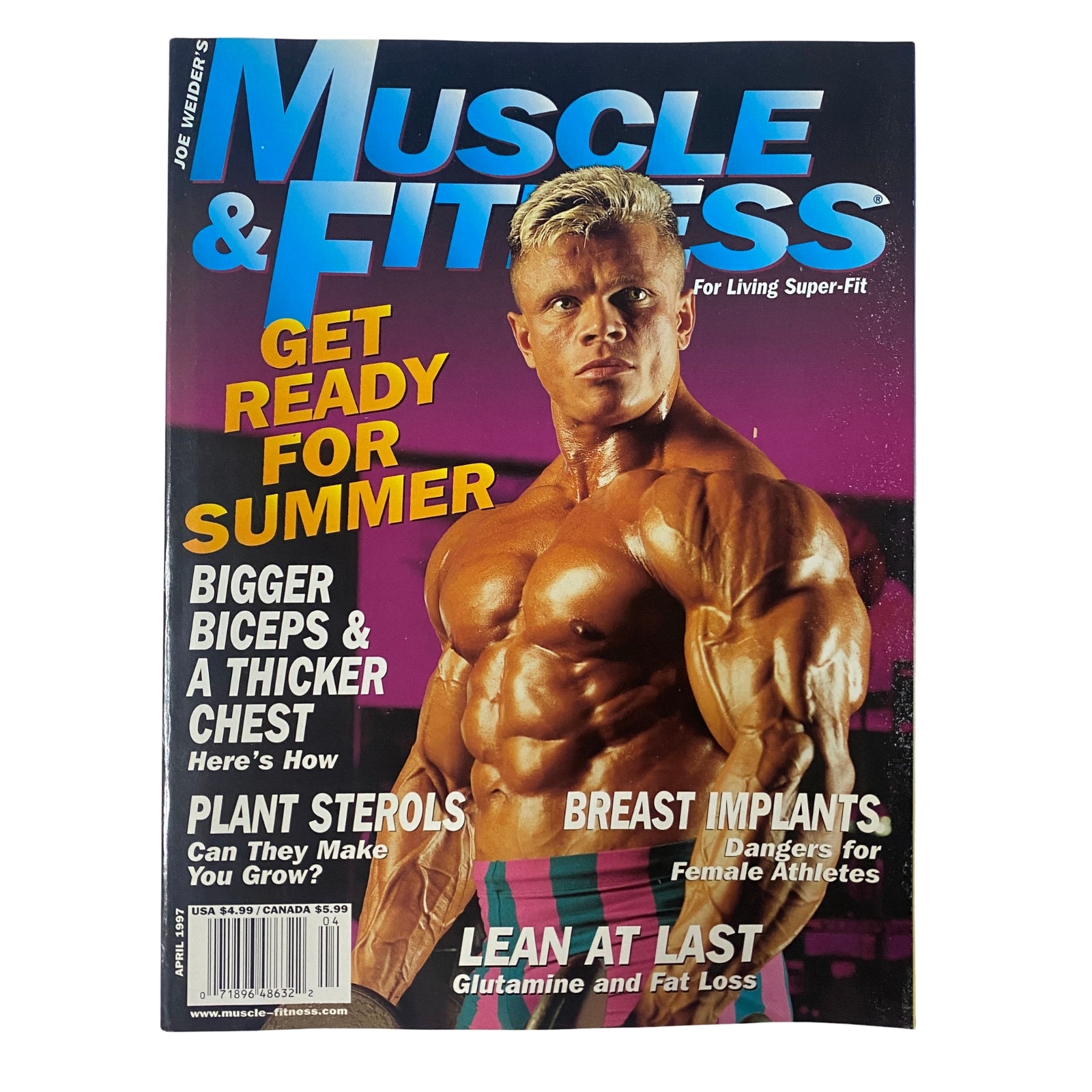 Cover of Muscle & Fitness Magazine April 1997, Vol 58 No. 4, featuring Roland Cziurlock. The cover highlights topics such as summer fitness preparation, bigger biceps, breast implants, and glutamine for fat loss.