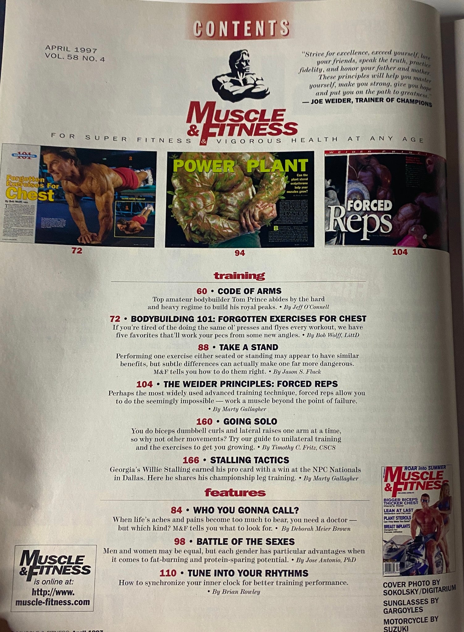 Contents page of Muscle & Fitness Magazine April 1997, Vol 58 No. 4. It includes sections on training techniques, bodybuilding exercises, features, and articles related to fitness and health.