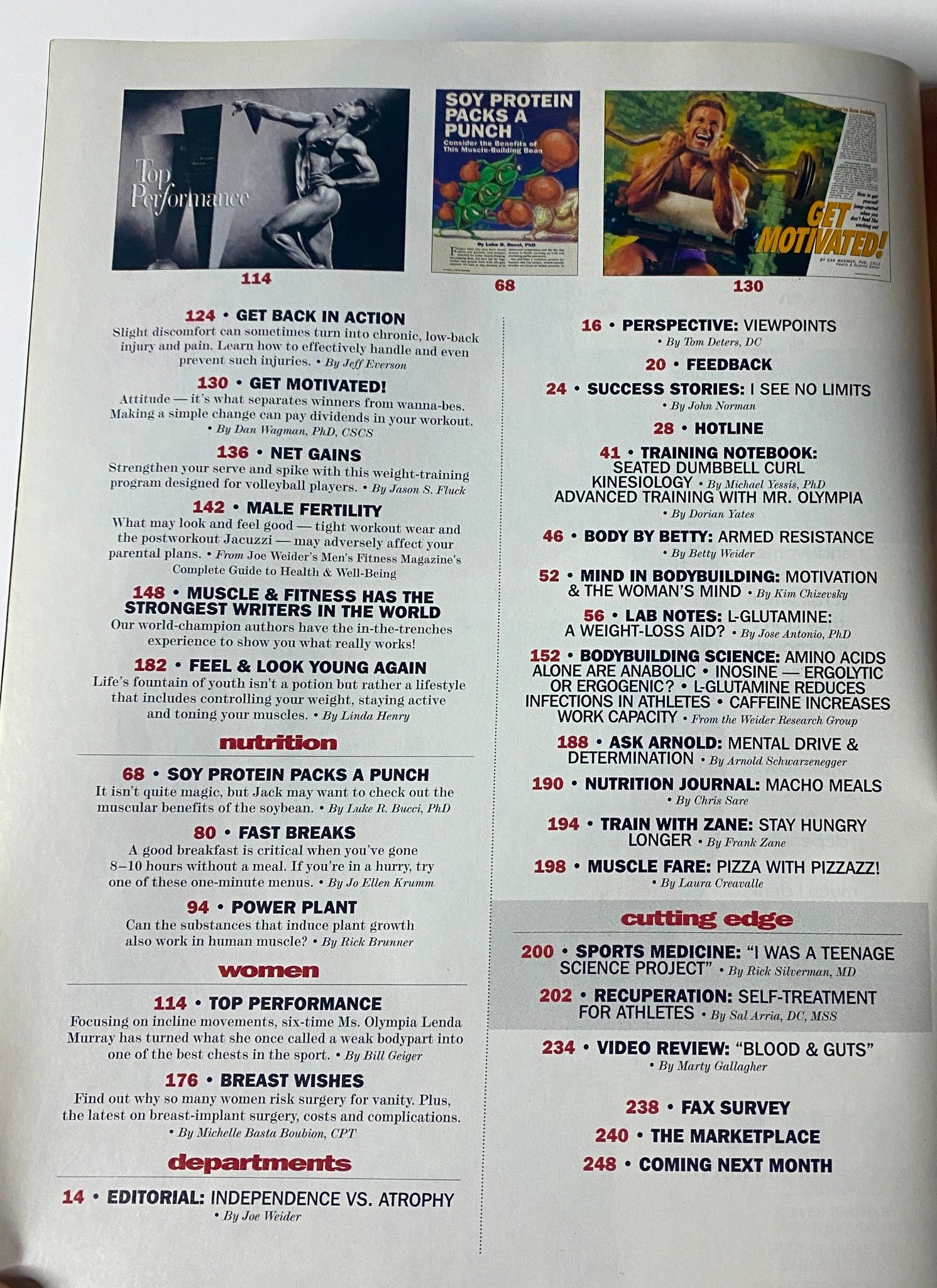 Muscle & Fitness Magazine April 1997 Vol 58 No. 4 featuring a table of contents with highlights including articles like 'Get Back in Action' and 'Motivated!' showcasing fitness topics and valuable advice.