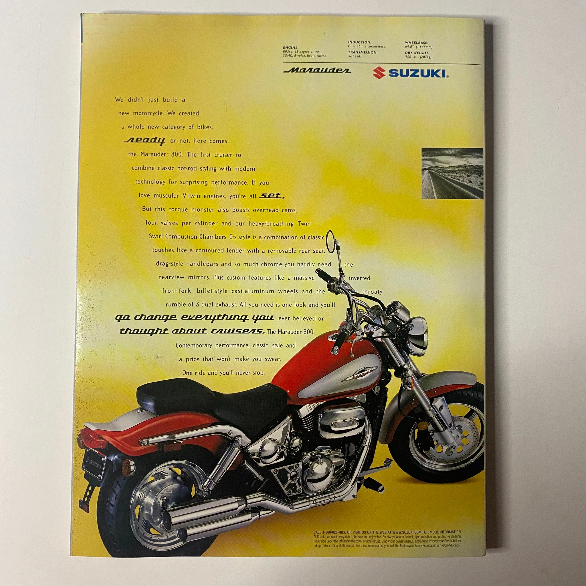 Back cover advertisement of the Muscle & Fitness Magazine April 1997 featuring the Suzuki Marauder motorcycle, highlighting its features and performance.