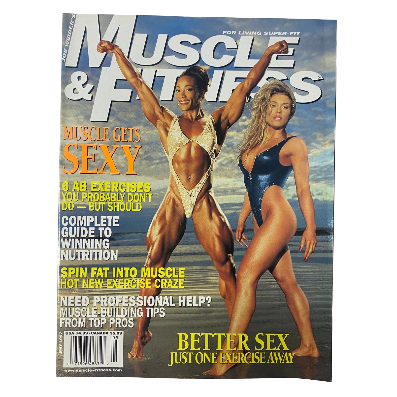 Muscle & Fitness Magazine May 1997 cover featuring Lenda Murray and Monica Brant, showcasing fitness tips and exercise routines.