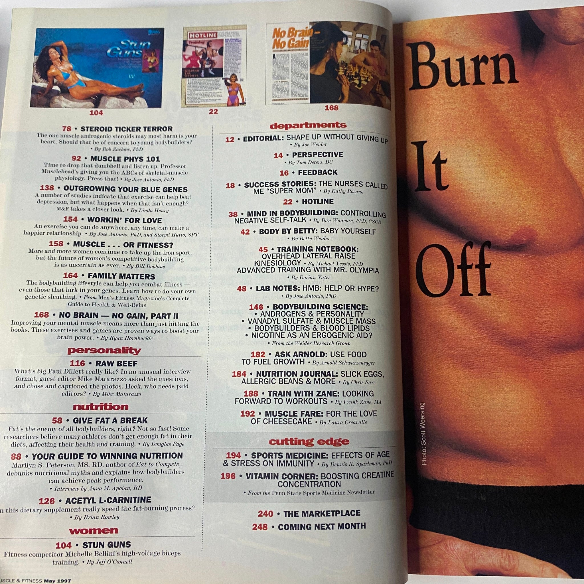 Inside page of Muscle & Fitness Magazine May 1997 showing contents, including articles on bodybuilding and fitness training.
