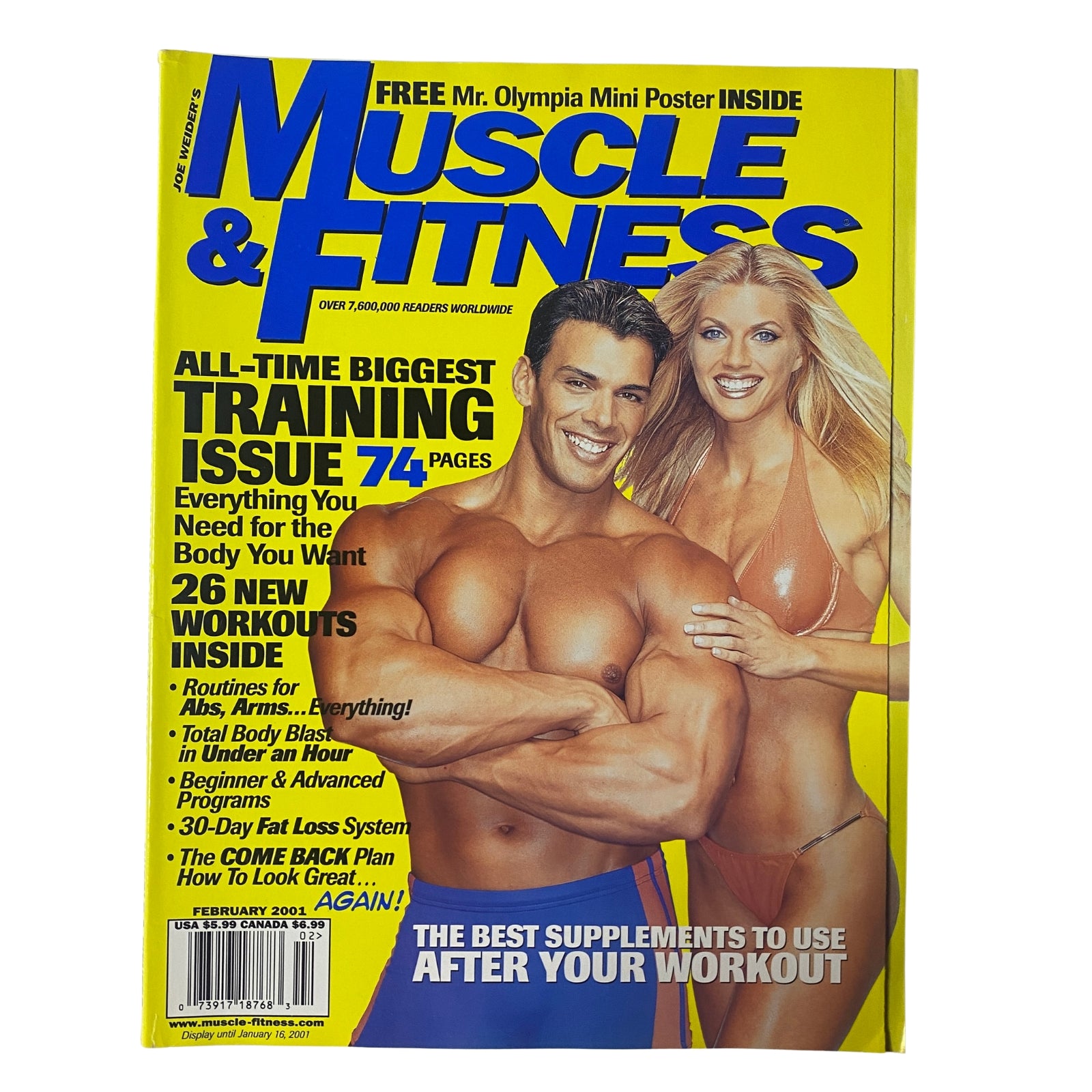 Muscle & Fitness Magazine February 2001 featuring Kristia Knowles and Frank Sepe on the cover, highlighting fitness and bodybuilding topics with a bright yellow background.