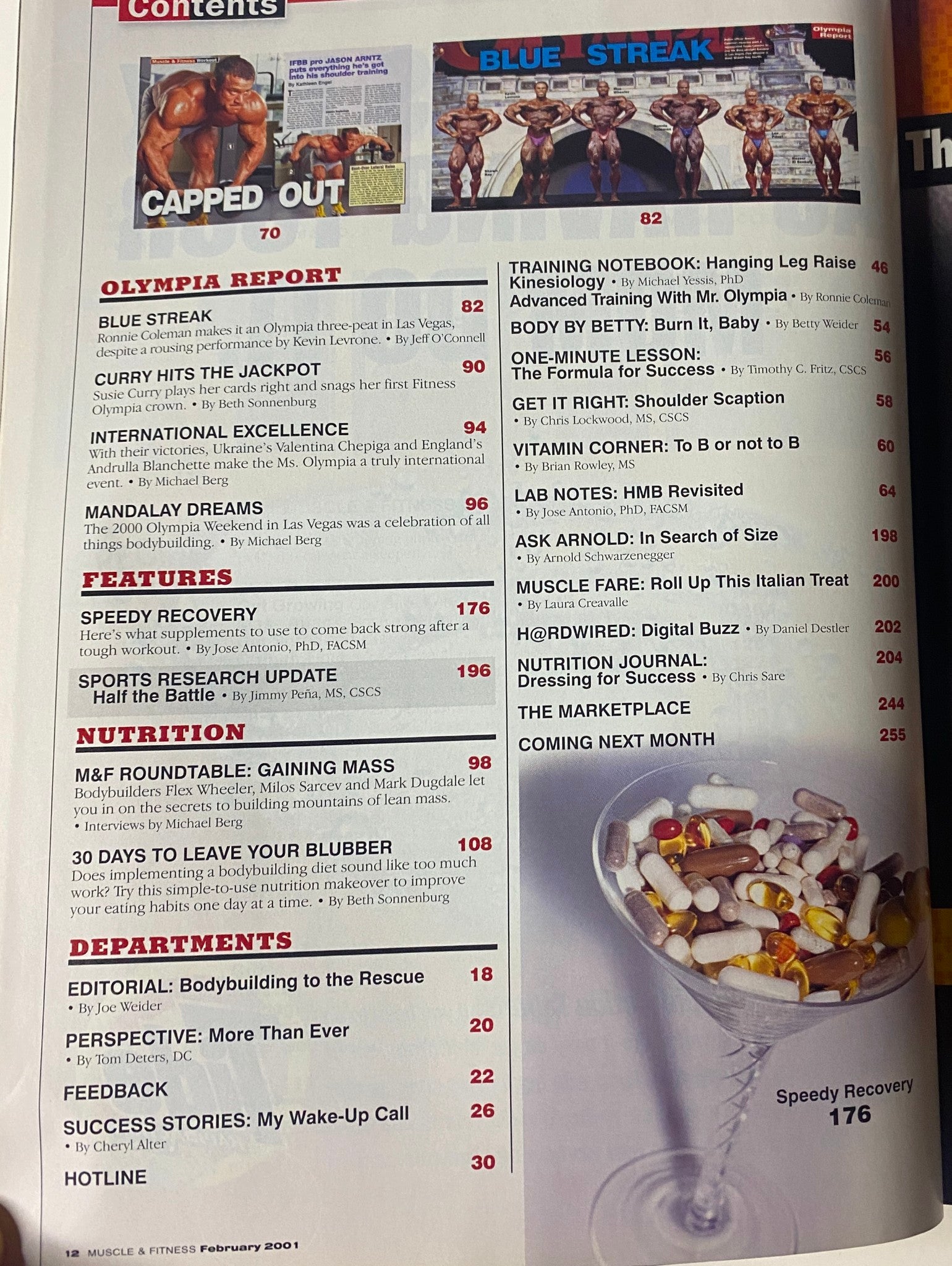 Contents page of Muscle & Fitness Magazine February 2001, outlining features like Olympia Report, Nutrition insights, and training routines with a focus on bodybuilding.