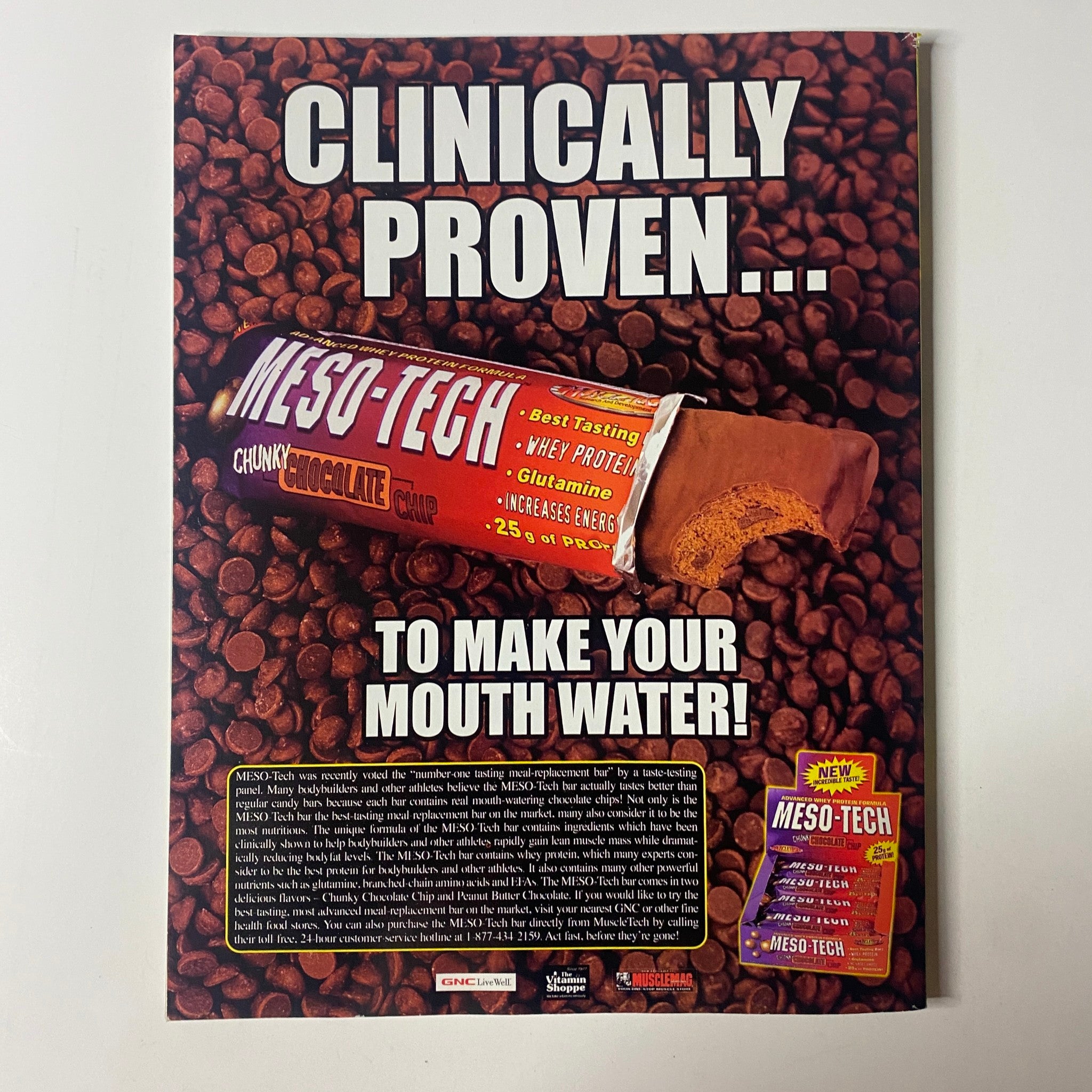 Advertisement for Meso-Tech protein bars in Muscle & Fitness Magazine February 2001, showcasing the product as clinically proven and emphasizing its taste and benefits.