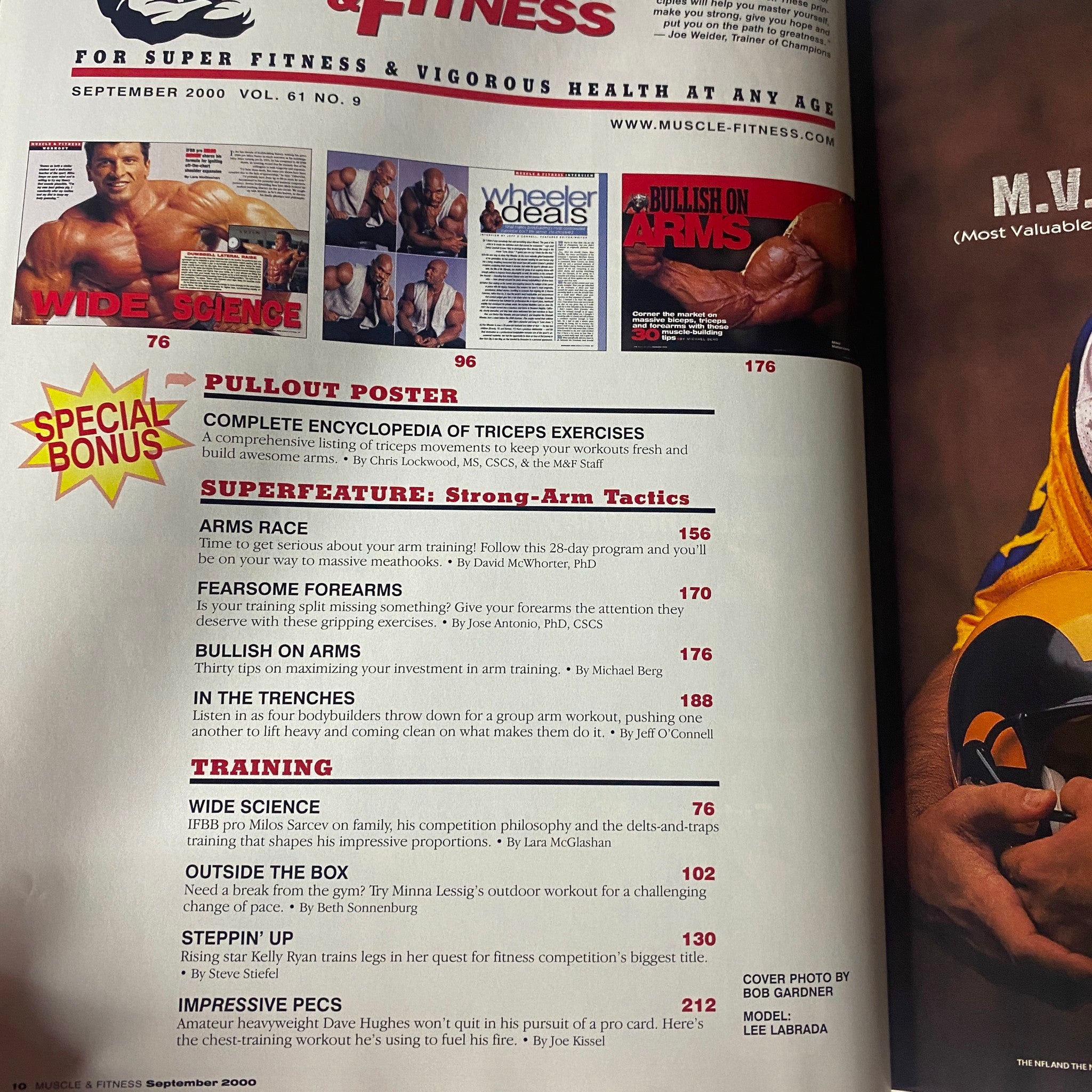 Interior page of Muscle & Fitness Magazine September 2000 Vol 61 No. 9 showcasing a pullout poster and features including 'Superfeature: Strong-Arm Tactics' and training advice.