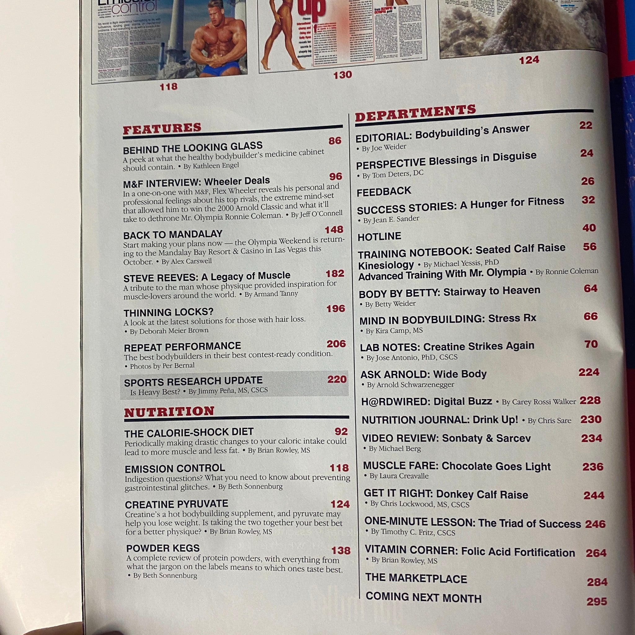 Page from Muscle & Fitness Magazine September 2000 (Vol 61 No 9) featuring articles including 'Behind the Looking Glass', 'M&F Interview: Wheeler Deals', and 'Sports Research Update'. The magazine includes various department listings and highlights.