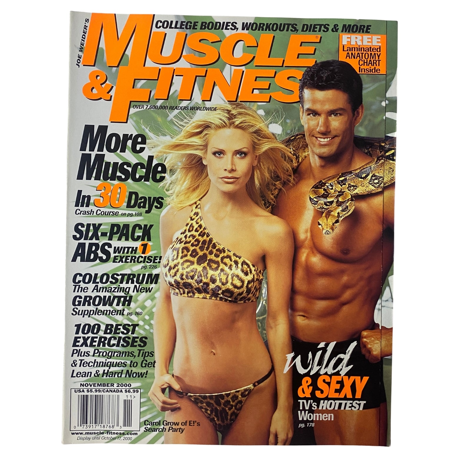 Cover of Muscle & Fitness Magazine November 2000 featuring Carol Grow and Bill Davey, showcasing fitness and bodybuilding themes.