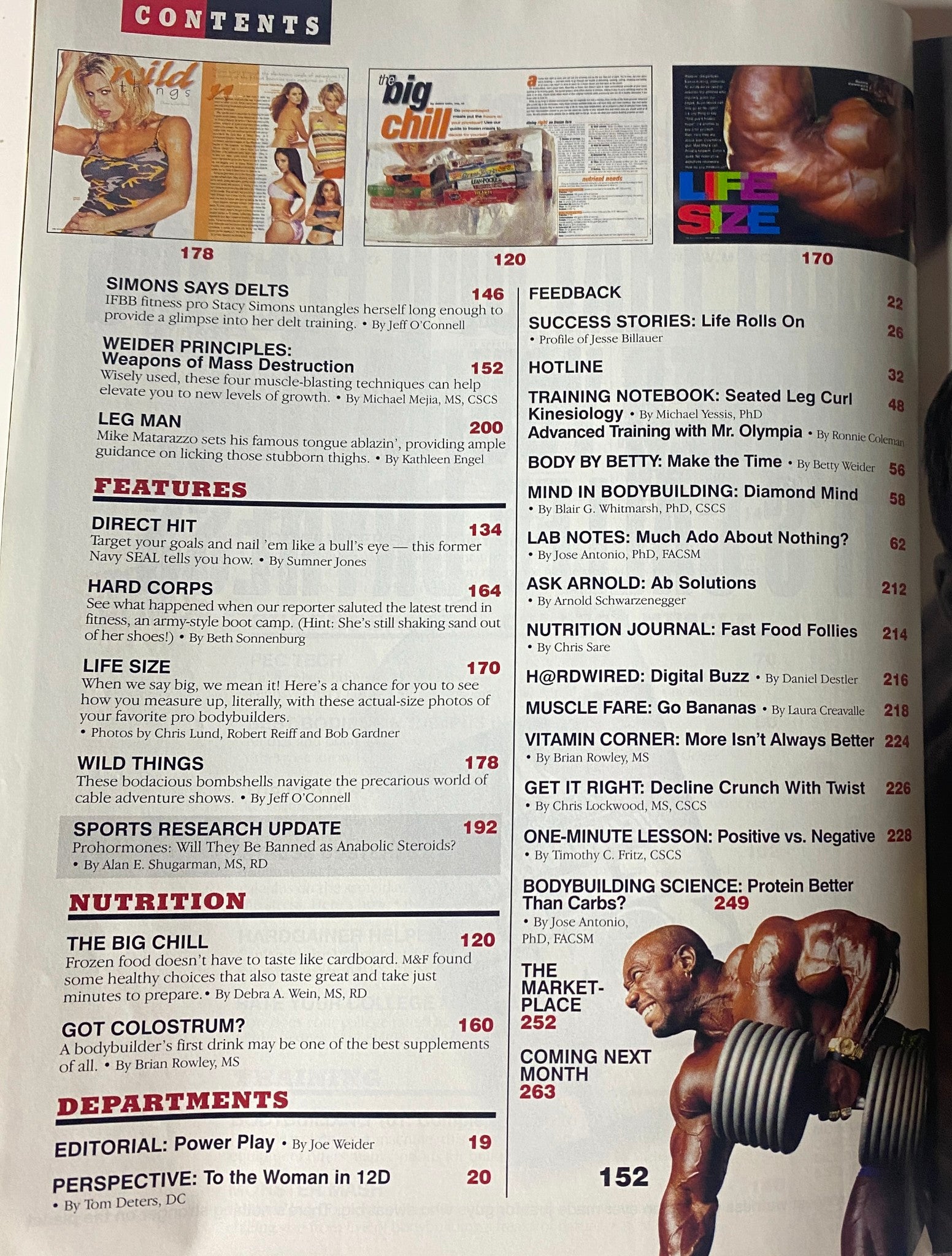 Contents page of Muscle & Fitness Magazine November 2000, listing articles such as 'Simons Says Delts' and 'Weider Principles: Weapons of Mass Destruction'.