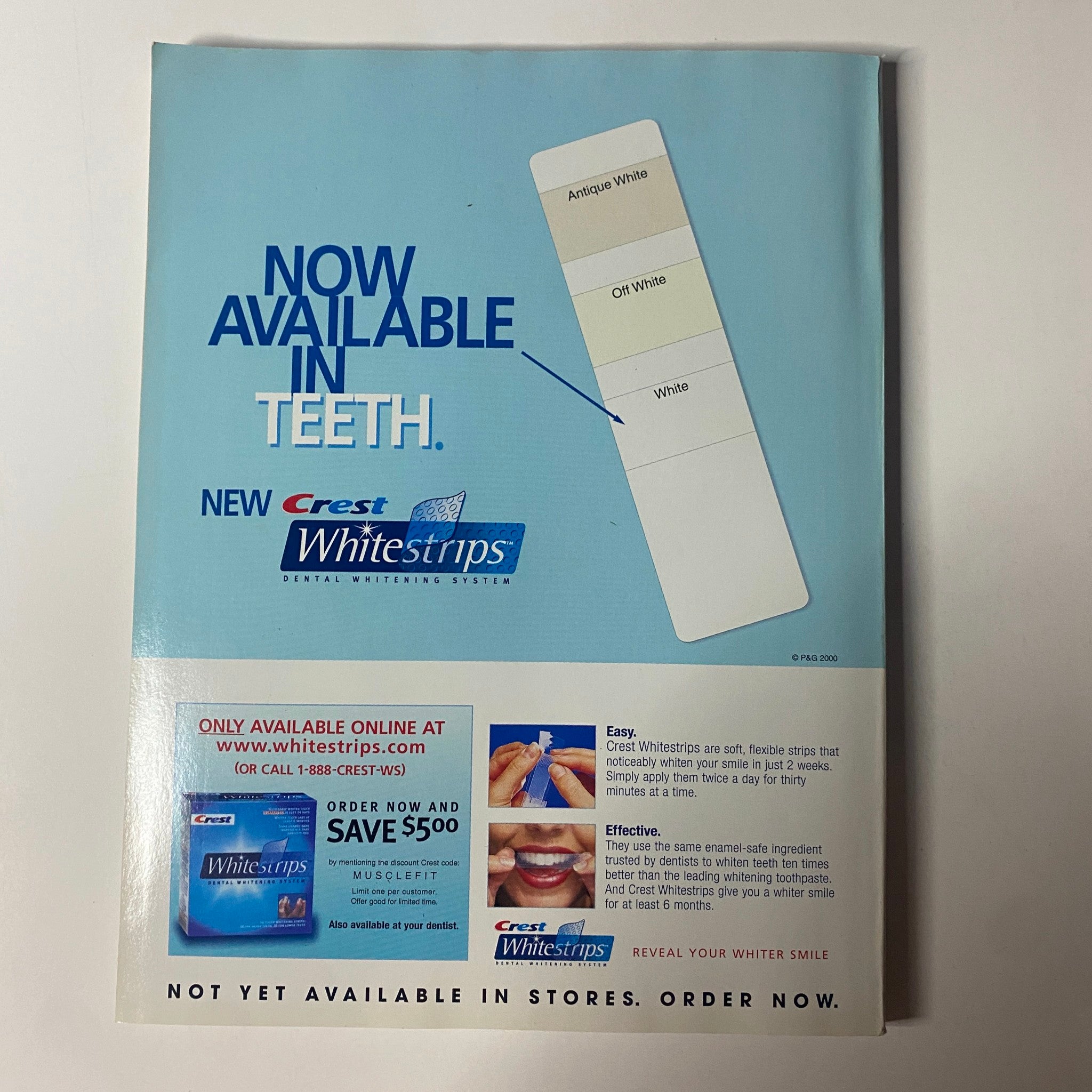 Crest Whitestrips advertisement showcasing a teeth whitening system, highlighting ease of use and effectiveness. Featured in the Muscle & Fitness Magazine November 2000 issue with Carol Grow and Bill Davey on the cover.