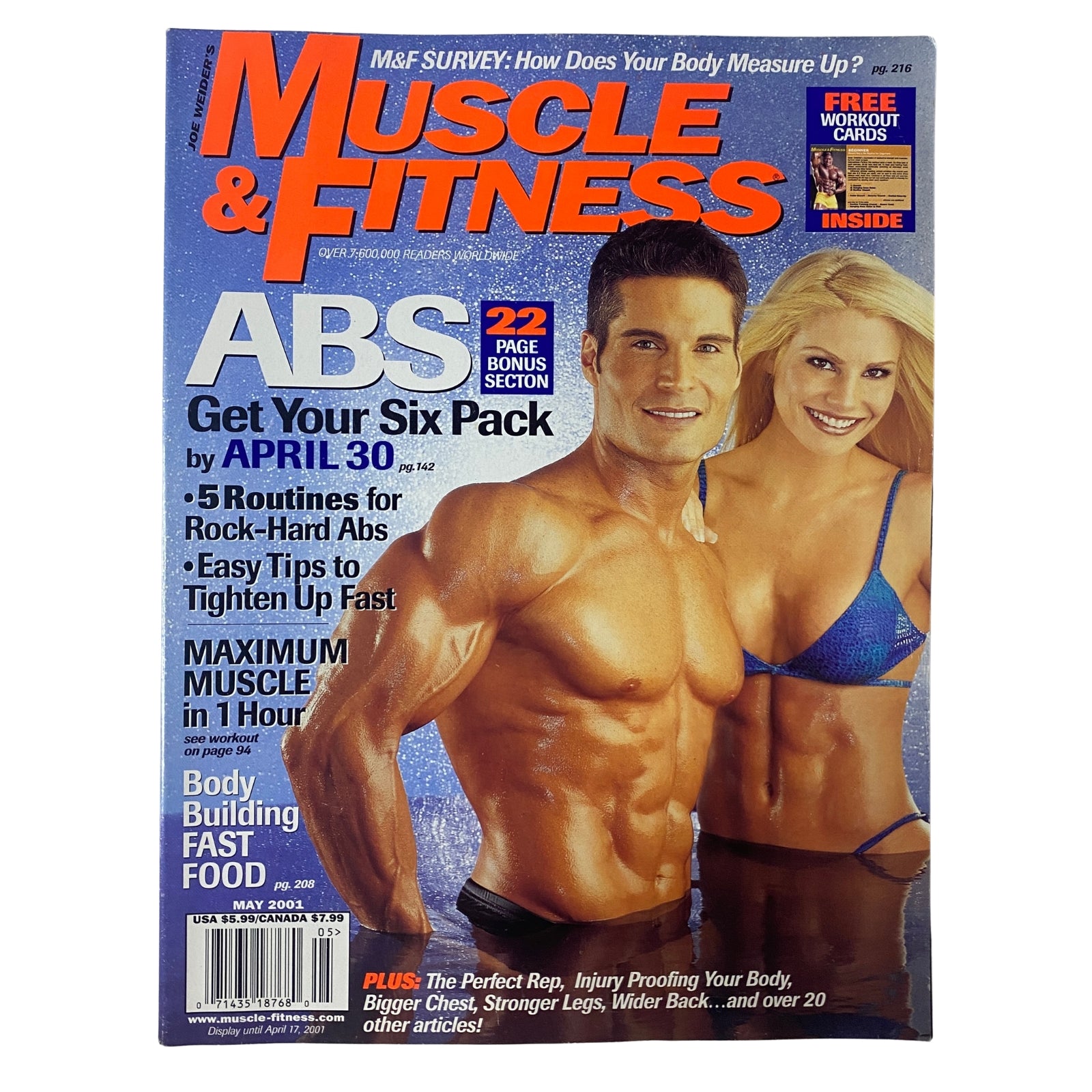 Cover of Muscle & Fitness Magazine May 2001 featuring the title, 'Muscle & Fitness Magazine May 2001 Kim Chizevsky Feature No Label VG'. The cover highlights fitness topics, including abs workouts and nutrition tips.