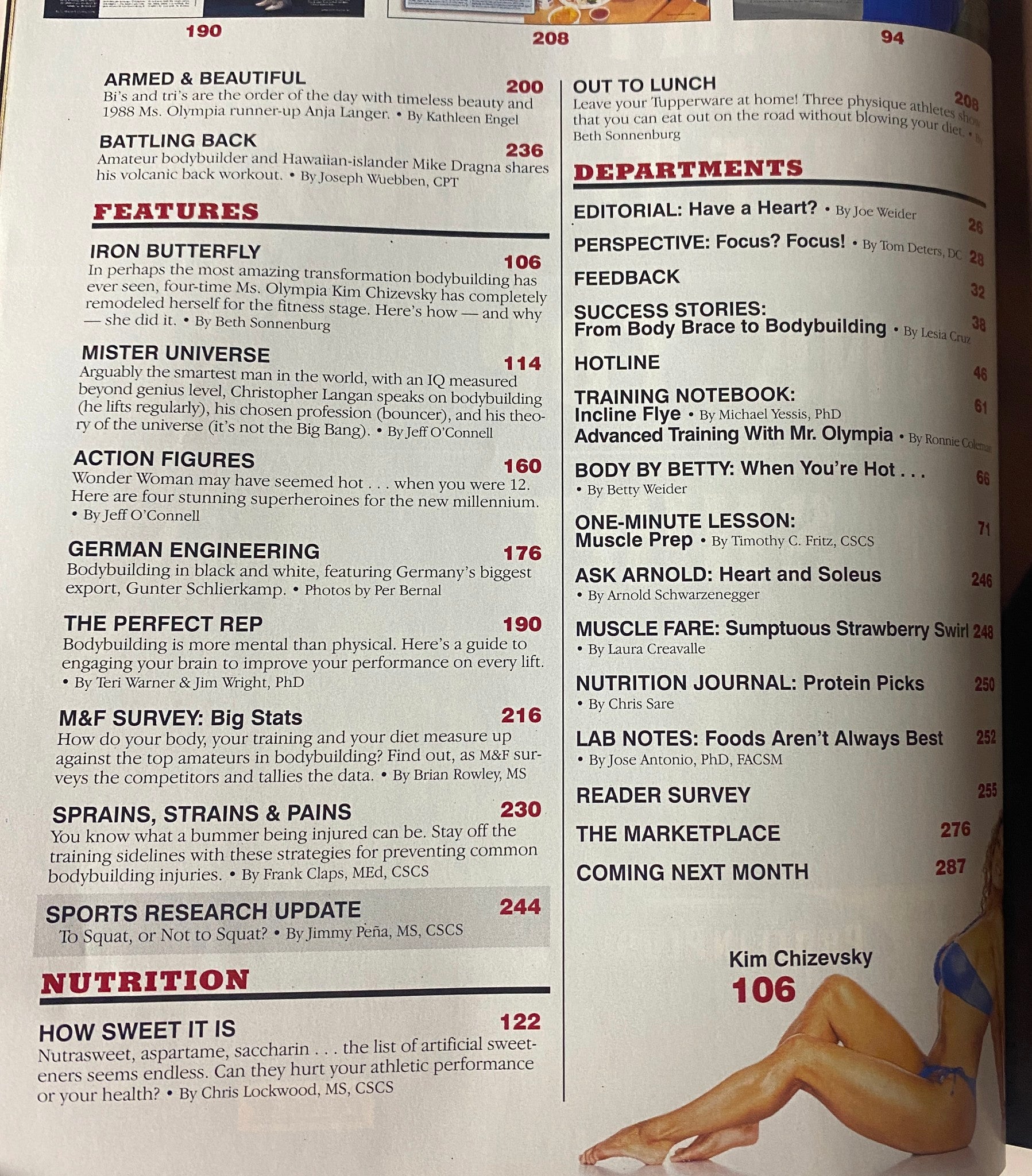 Contents page from Muscle & Fitness Magazine May 2001, listing articles such as 'Iron Butterfly' and 'Mister Universe'. This page provides insights into features like Kim Chizevsky’s transformation.