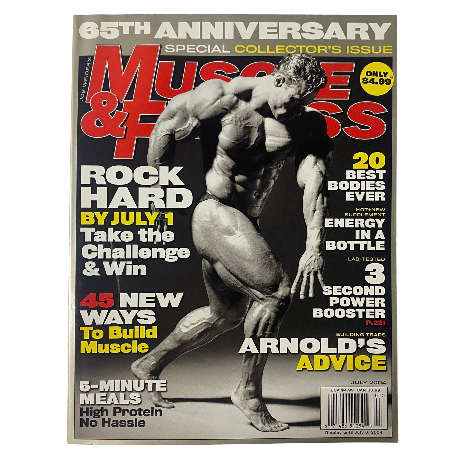 Muscle & Fitness Magazine July 2004 Vol 65 No. 7 featuring a muscular male model on the cover, highlighted as a special collector's issue celebrating 65th anniversary.