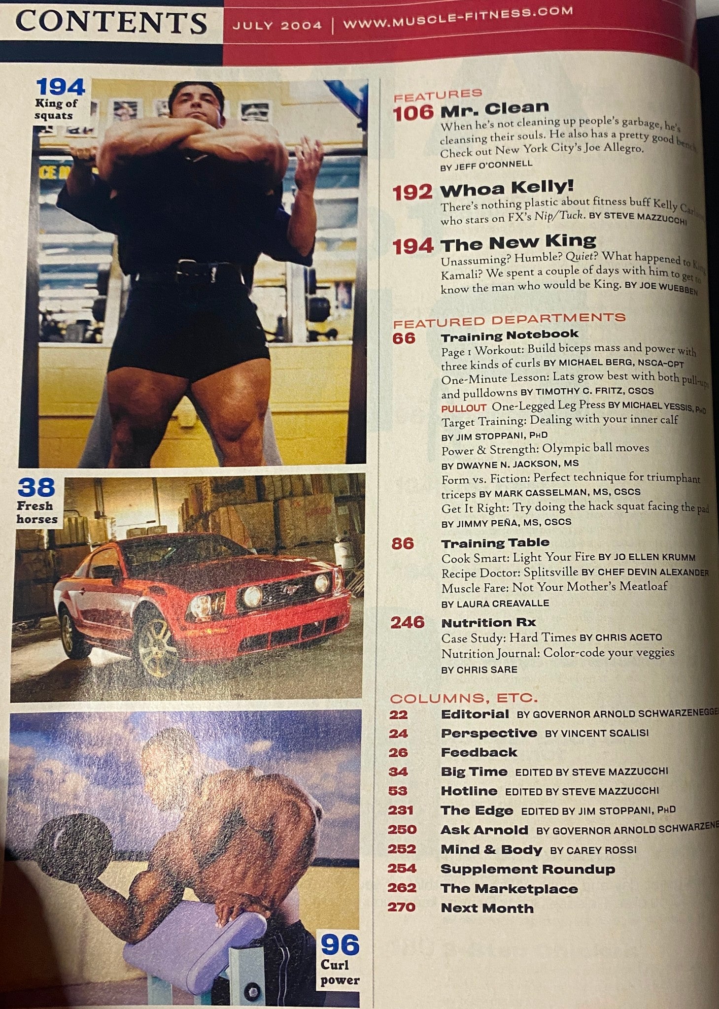 Contents page of Muscle & Fitness Magazine July 2004 Vol 65 No. 7 showcasing articles including 'Mr. Clean' and 'Who Kelly!', along with fitness photos and featured content.