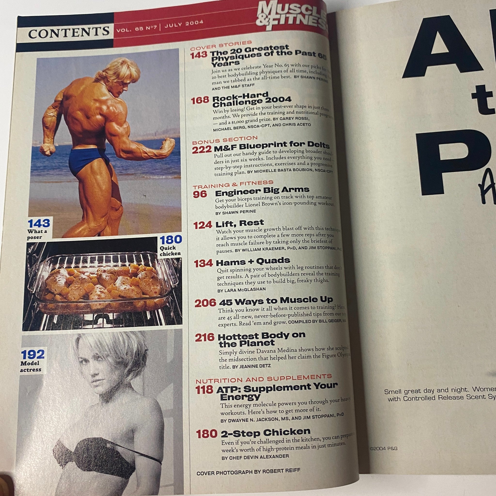 Contents page of Muscle & Fitness Magazine July 2004 Vol 65 No. 7 displaying notable articles like 'The 20 Greatest Physiques' and 'Engineer Big Arms', with related fitness visuals.