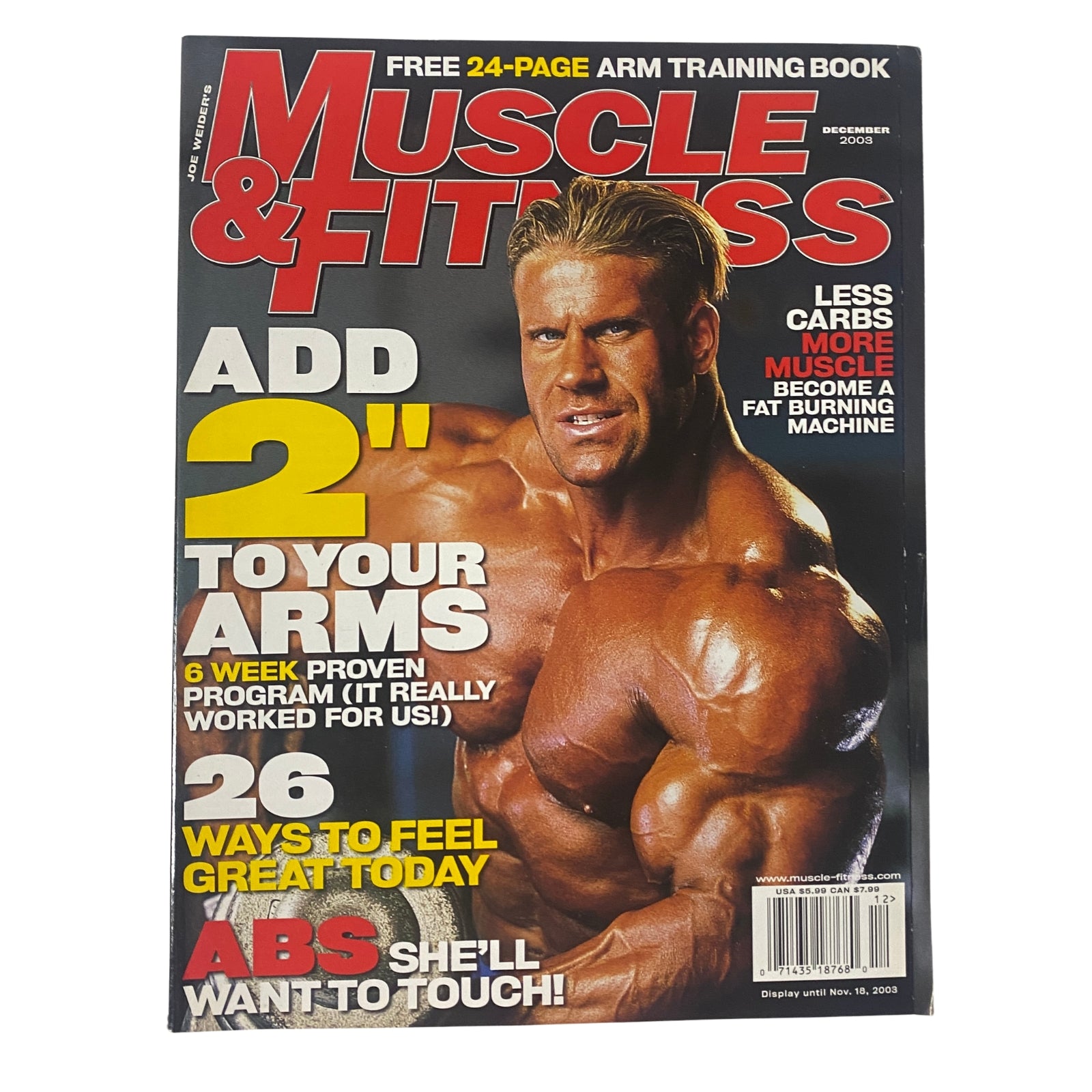 Muscle & Fitness Magazine December 2003, Vol 64, No. 12 featuring Jay Cutler on the cover, promoting fitness tips and training programs. Includes a free 24-page arm training booklet.