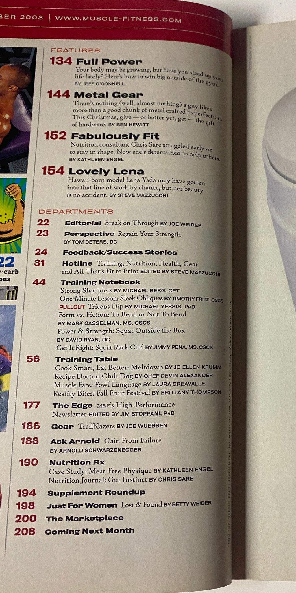 Features section of Muscle & Fitness Magazine December 2003, highlighting articles like 'Full Power', 'Metal Gear', and 'Lovely Lena'.