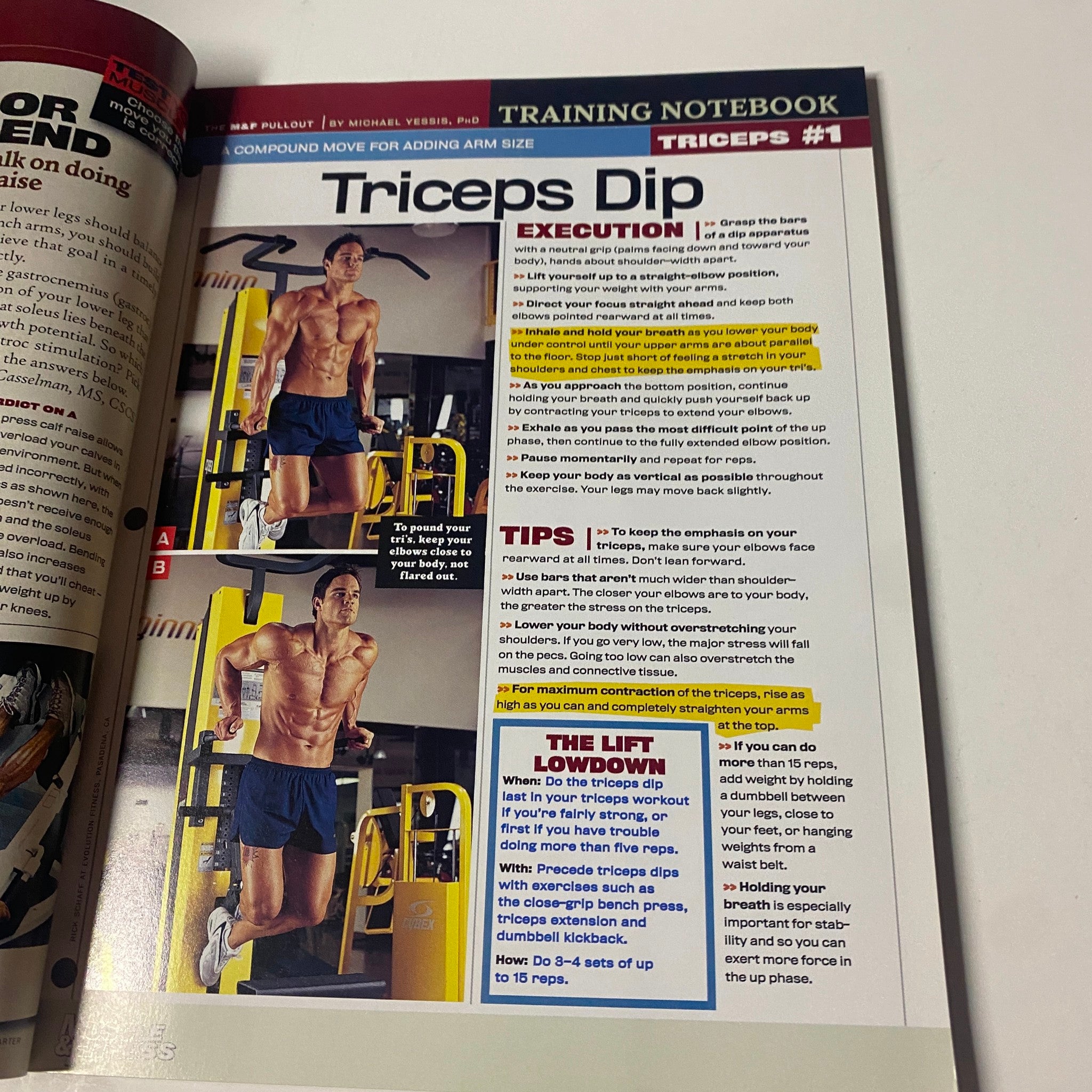 Training Notebook page in Muscle & Fitness Magazine December 2003, detailing execution and tips for triceps dip exercises.
