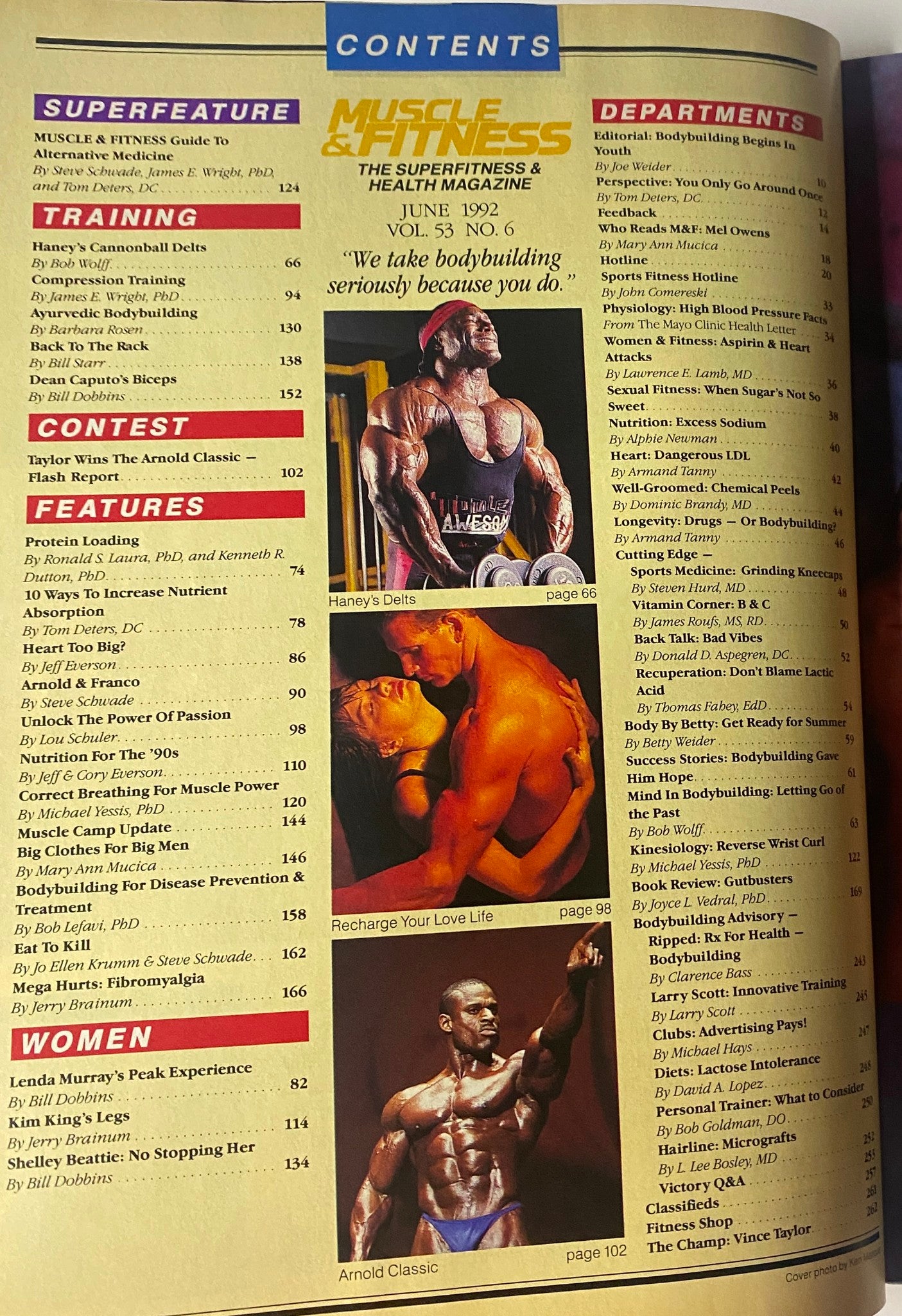 Contents page of Muscle & Fitness Magazine June 1992, highlighting articles on training, contests, features, and women, including topics like Haney’s Delts and the Arnold Classic.