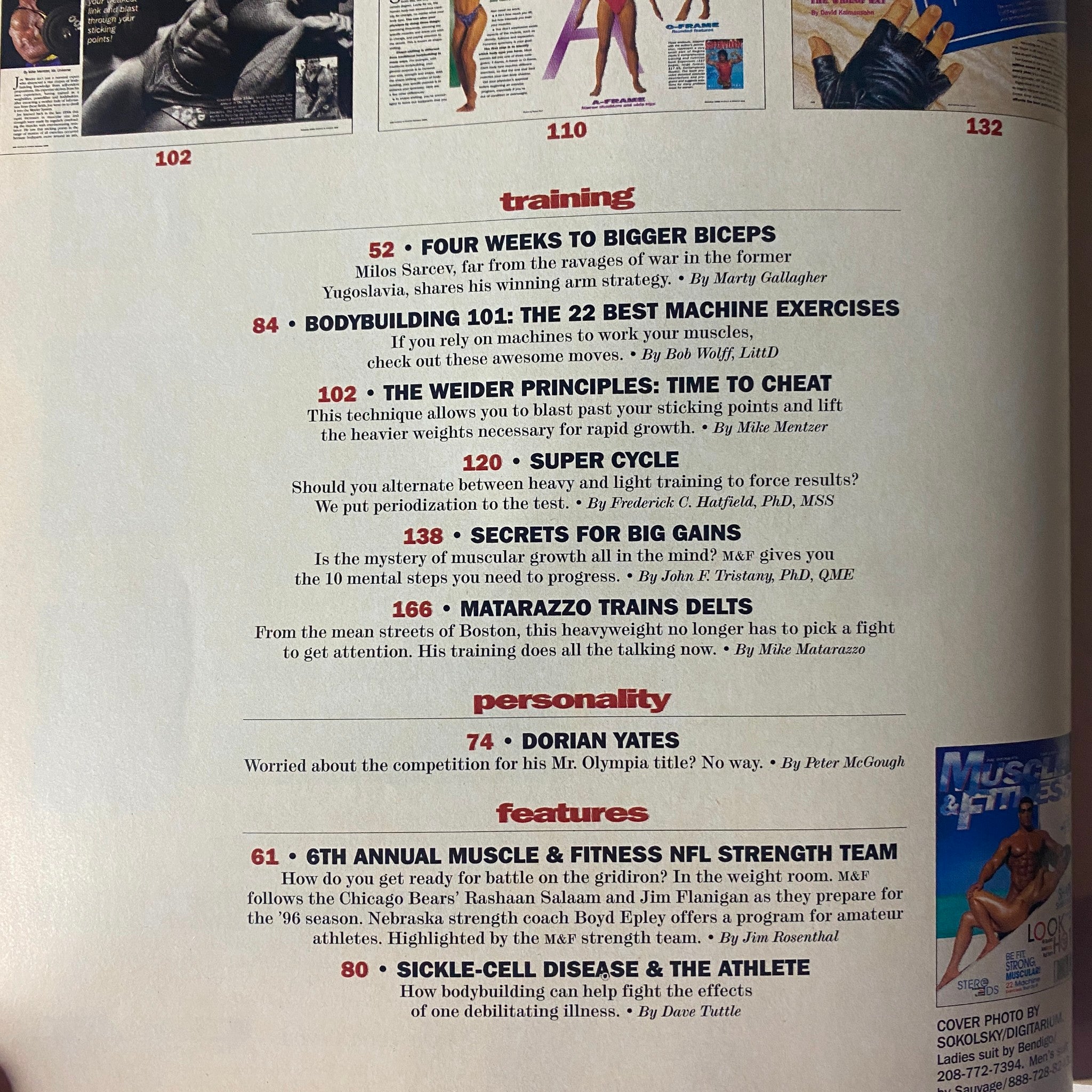 Inside page of Muscle & Fitness Magazine October 1996 listing articles including 'Four Weeks to Bigger Biceps', 'Bodybuilding 101: The 22 Best Machine Exercises', and a profile on 'Dorian Yates'.