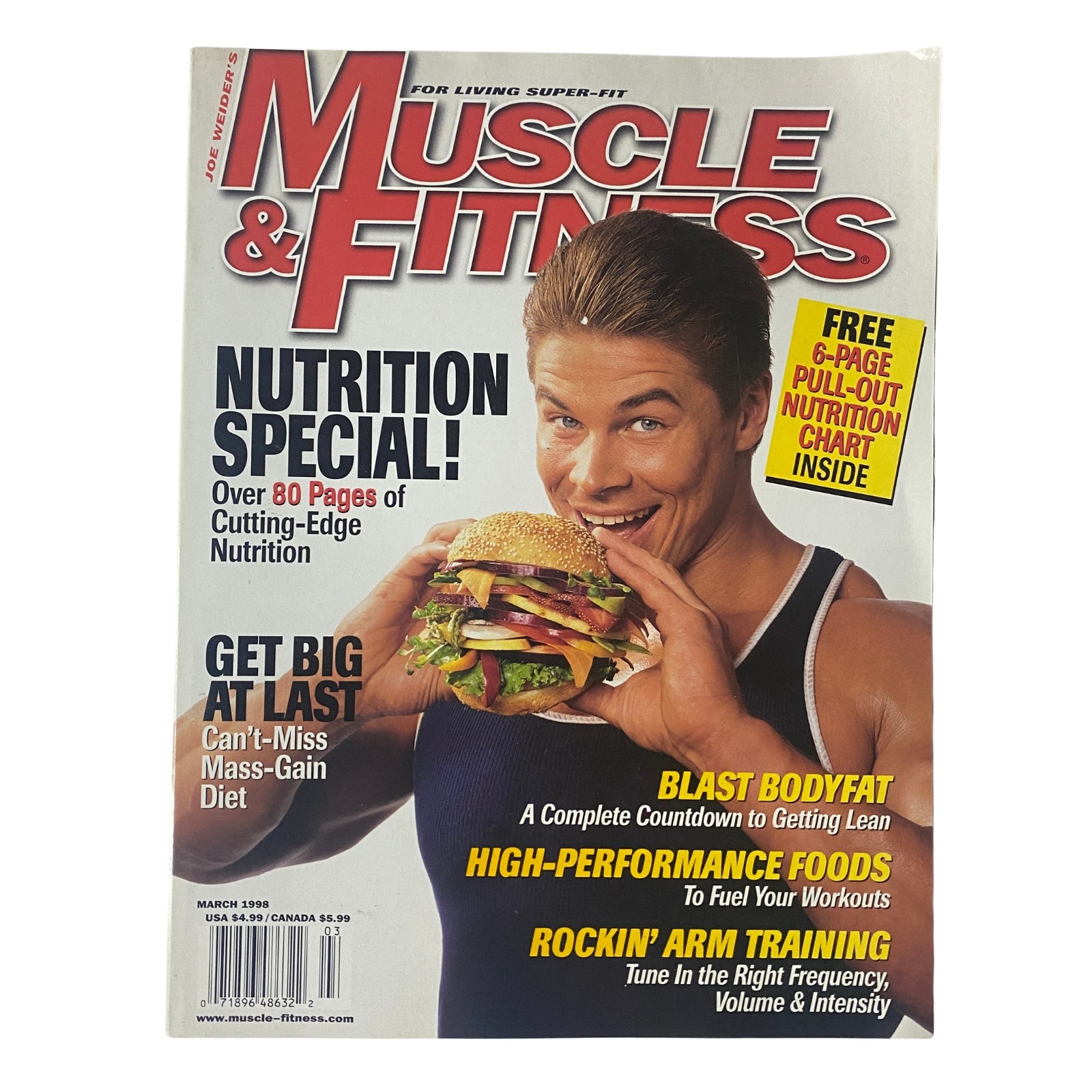 Cover of Muscle & Fitness Magazine March 1998 Vol 59 No. 3 featuring Roland Kickinger, highlighting nutrition strategies for bodybuilding.