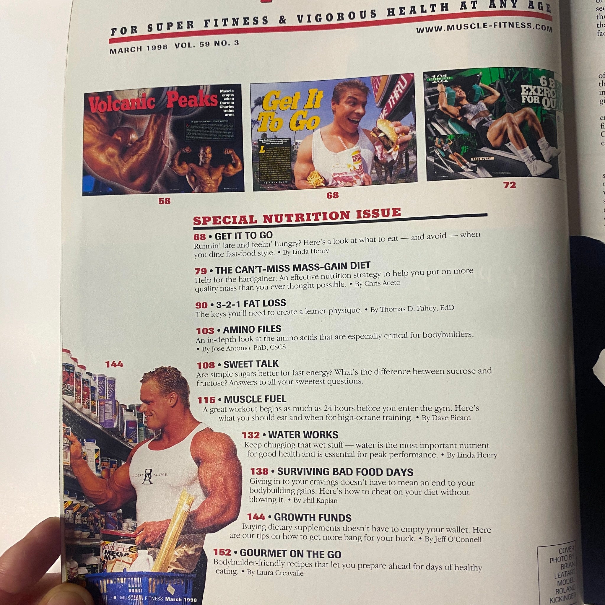 Table of contents from Muscle & Fitness Magazine March 1998 Vol 59 No. 3 showcasing the special nutrition issue features and articles.