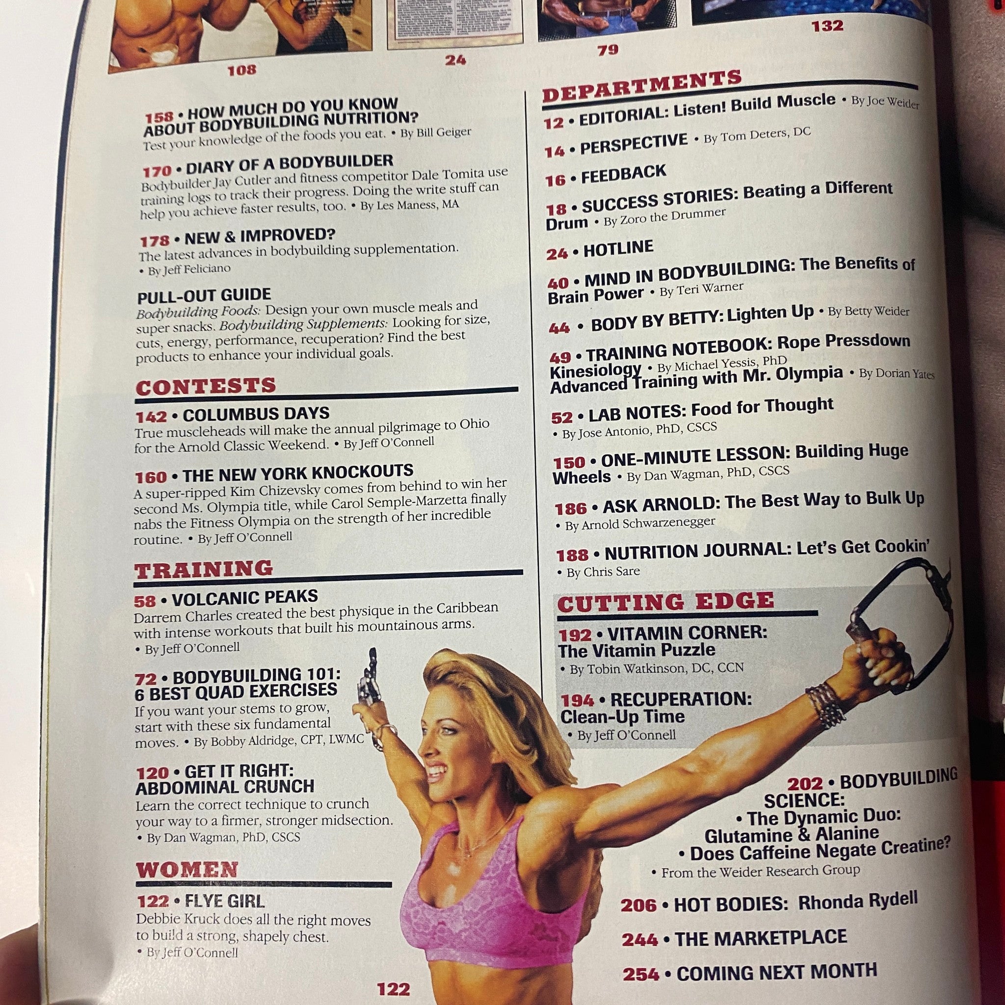 Page from Muscle & Fitness Magazine March 1998 Vol 59 No. 3 detailing bodybuilding contests and fitness tips.