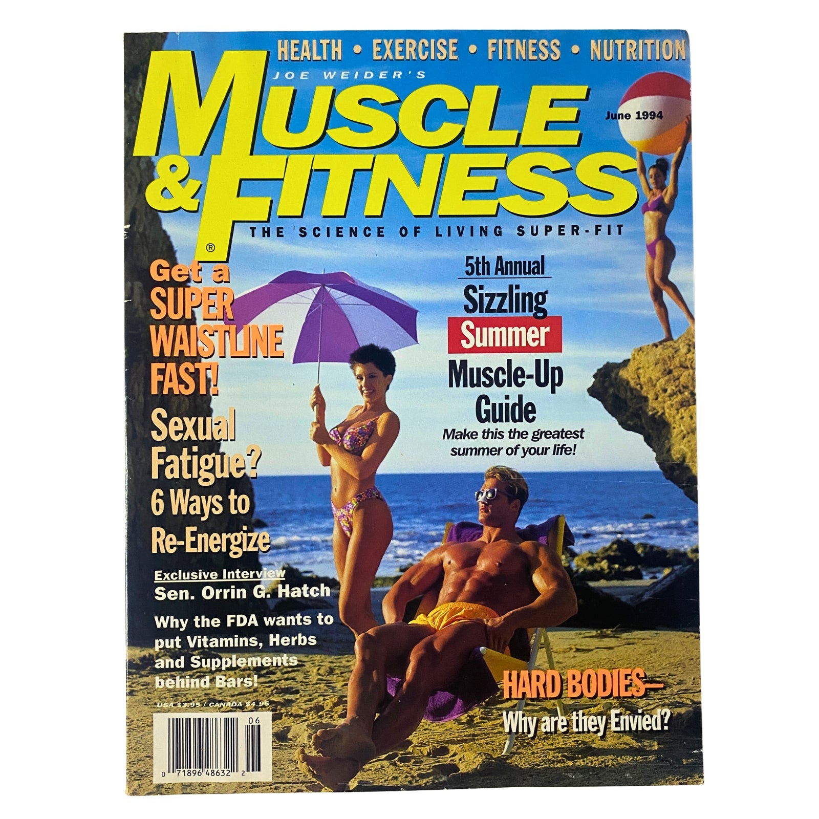 Cover of Muscle & Fitness Magazine June 1994 featuring bikini-clad models and a beach setting, promoting the 5th Annual Muscle-Up Guide for summertime fitness.