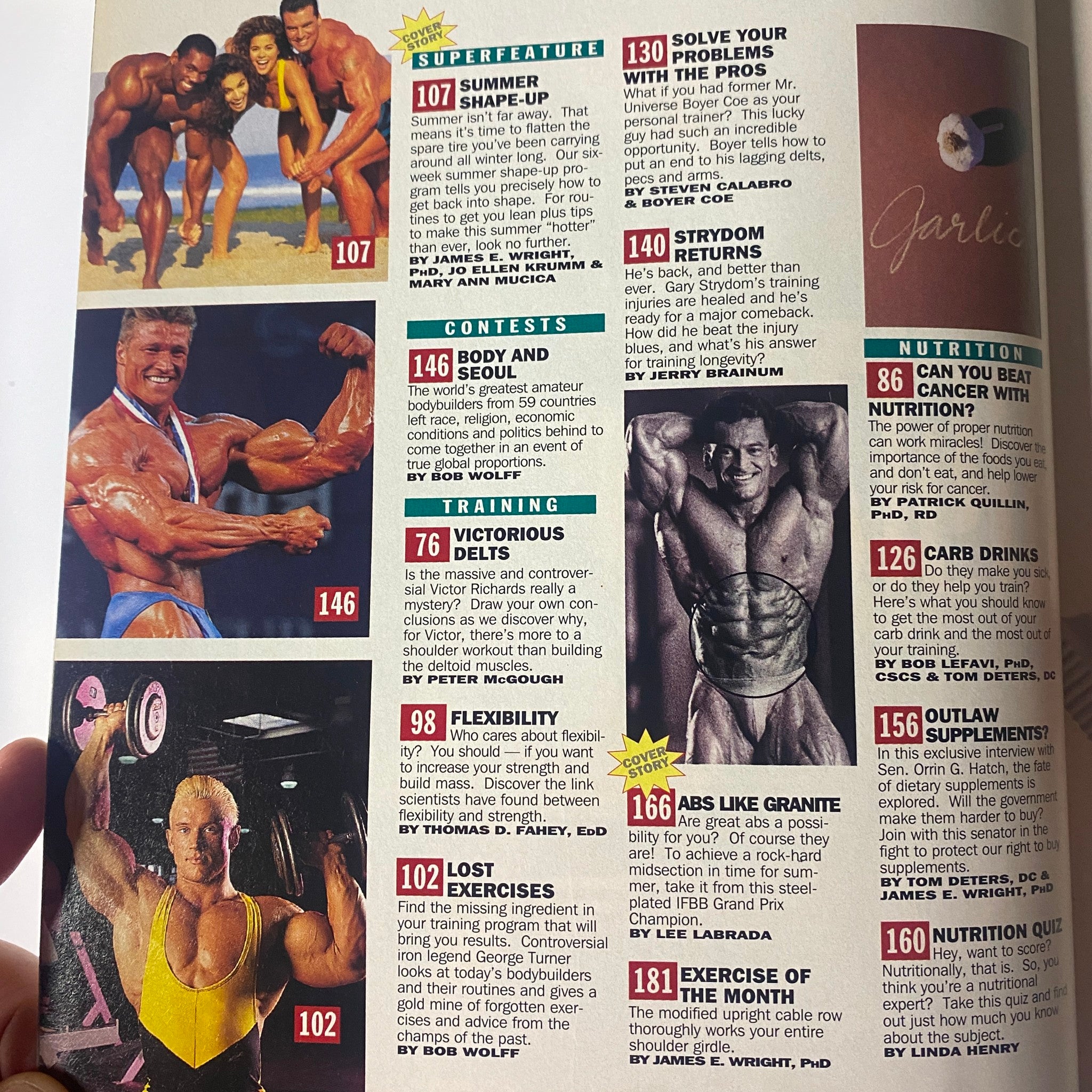 Interior page of Muscle & Fitness Magazine June 1994 showcasing features on bodybuilding, training, and nutrition, including the Summer Shape-Up program and advice from experts.