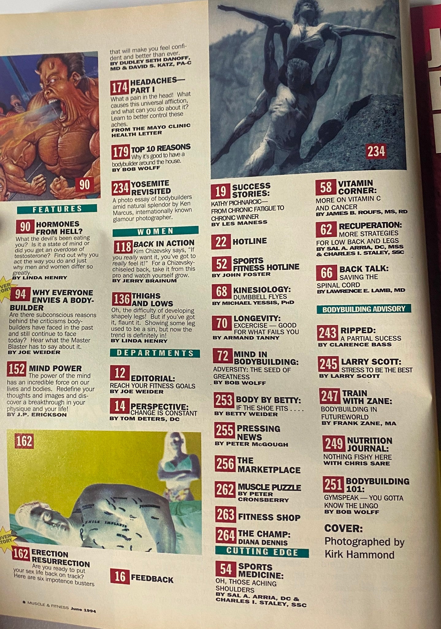 Another interior page of Muscle & Fitness Magazine June 1994 highlighting various fitness articles, including information on hormones and strength training techniques.