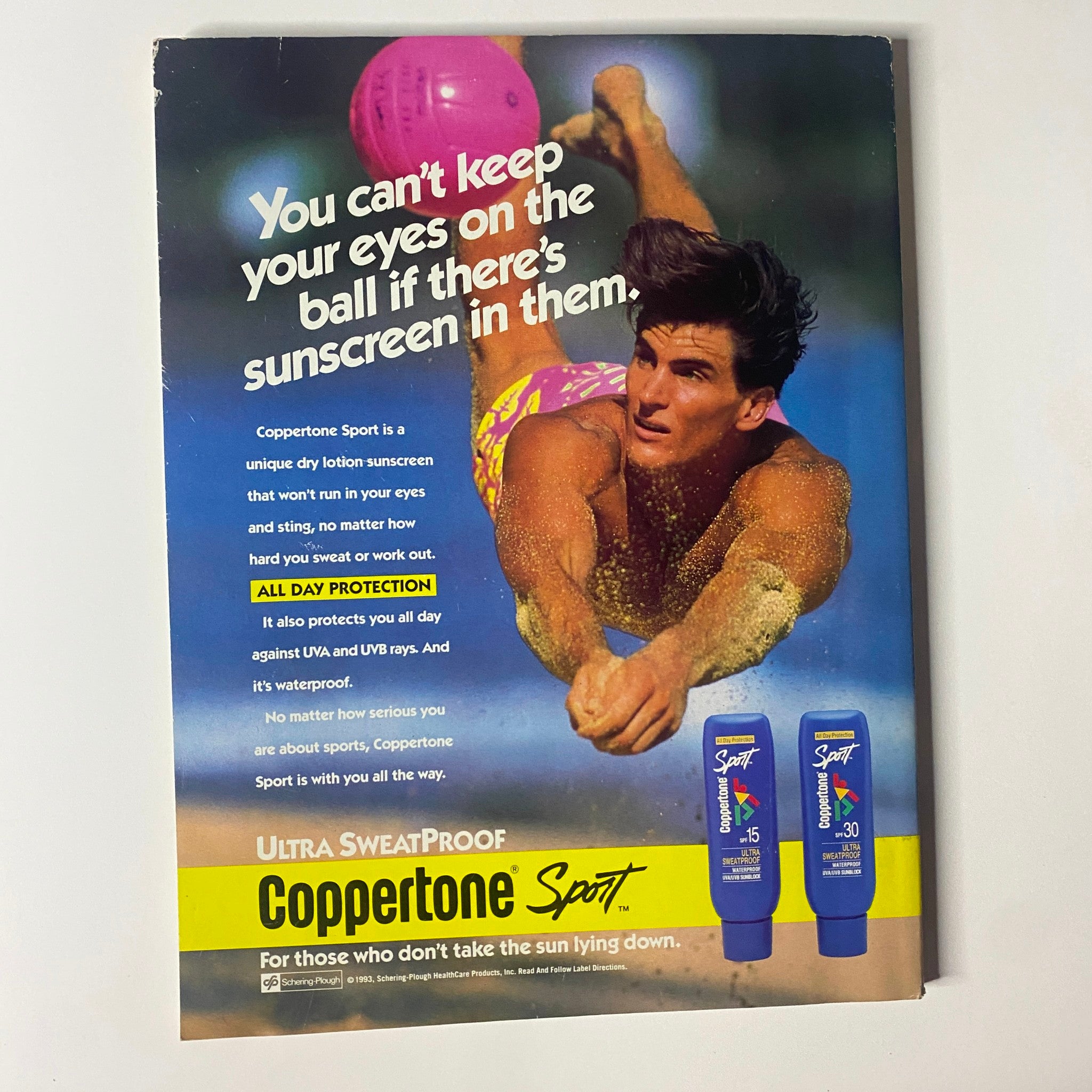 Advertisement from Muscle & Fitness Magazine June 1994 for Coppertone Sport sunscreen, emphasizing importance of sun protection for athletes and outdoor enthusiasts.